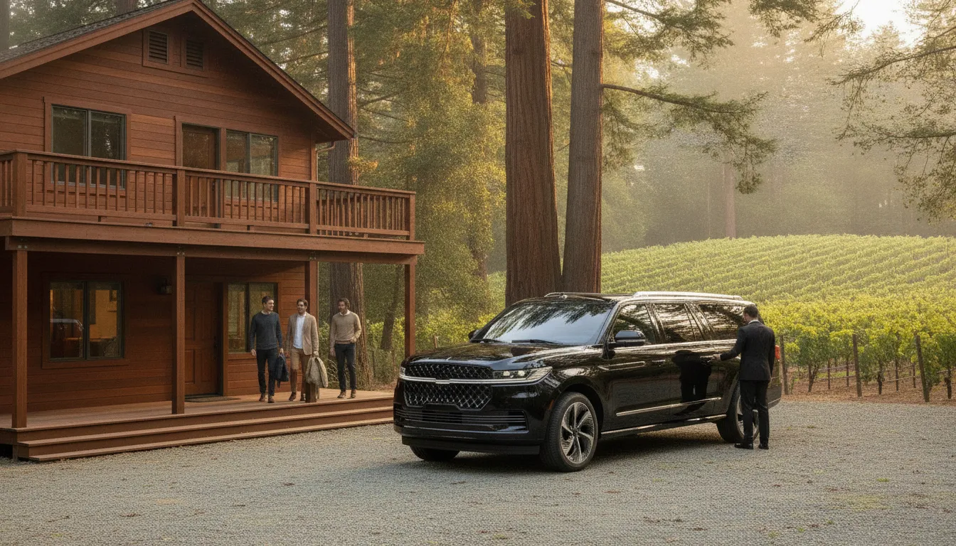 Chauffeured black Navigator at a redwood cabin vacation rental near the Russian River