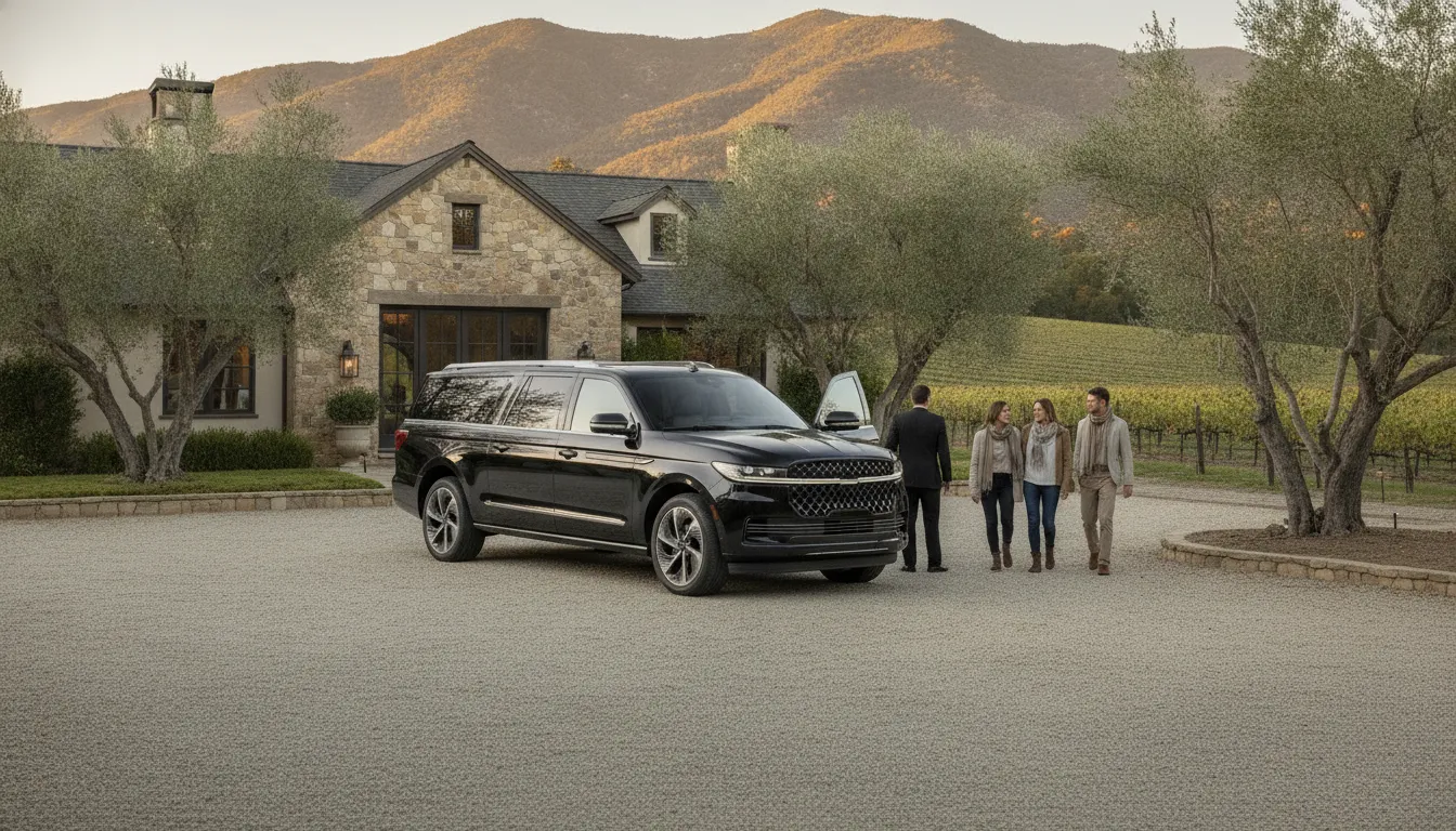 Chauffeur holding the door of a black Navigator at a Sonoma Valley vacation home with olive trees and vineyards