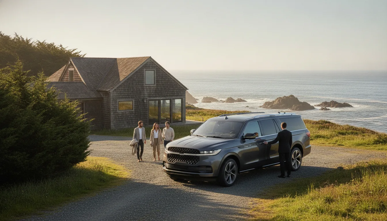 Chauffeured grey Navigator at a shingled vacation home on the Sonoma Coast bluffs