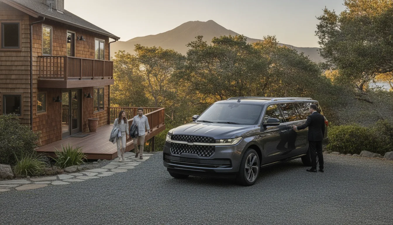 Chauffeured grey Navigator at a redwood vacation home in Mill Valley with Mount Tamalpais behind