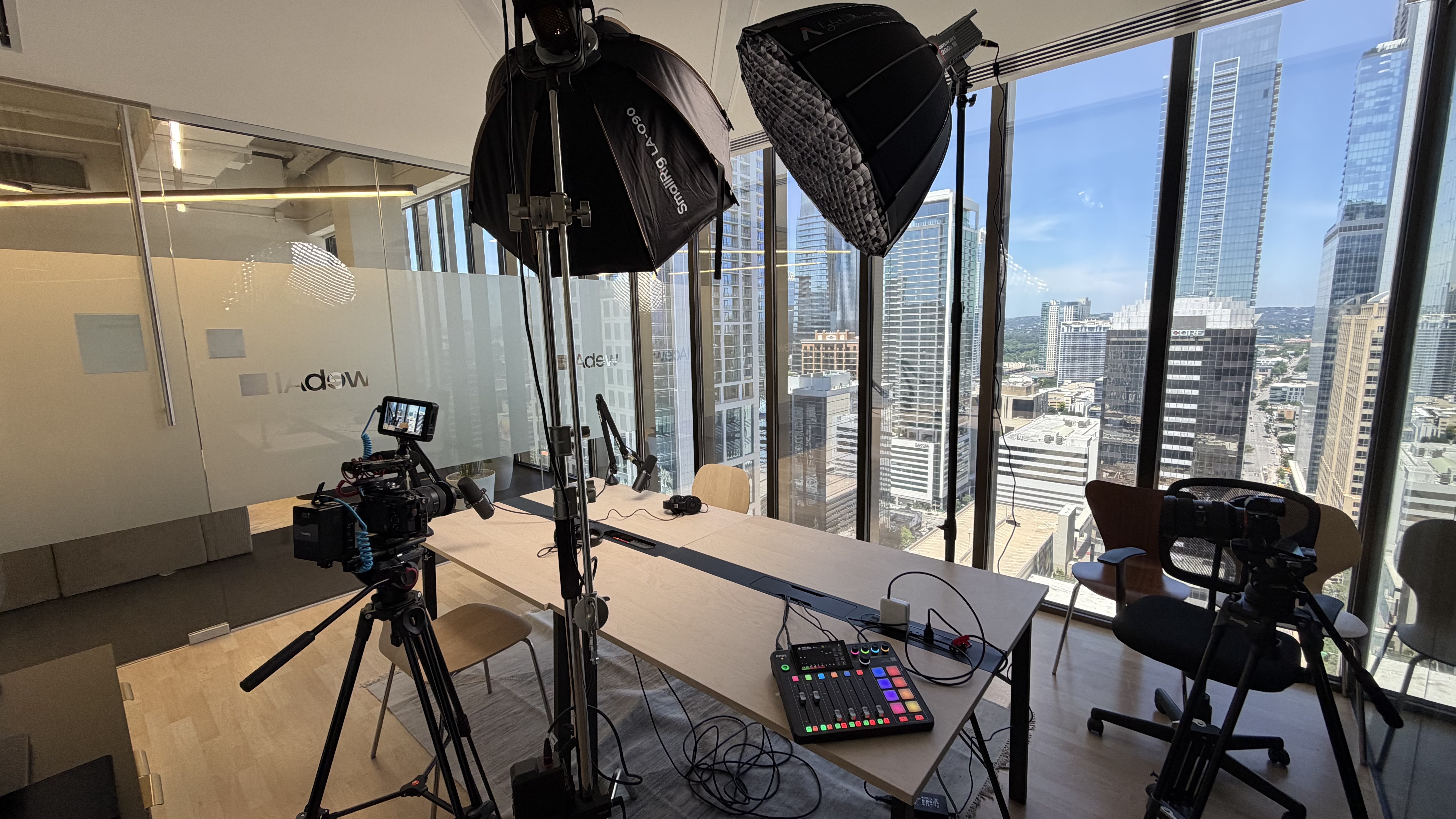 Two-camera interview setup in a downtown Austin high-rise