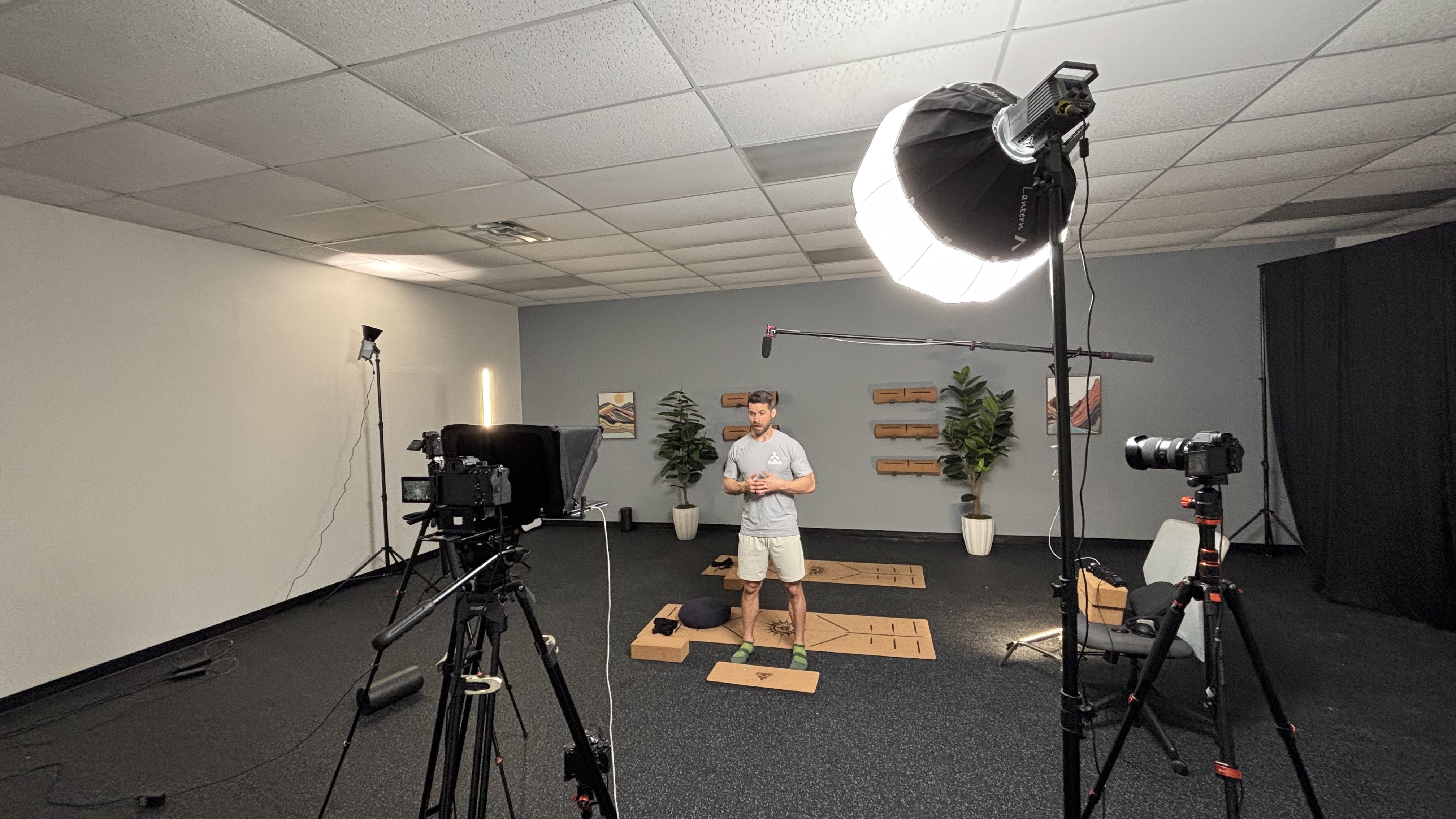 Two-camera setup and lighting rig on the Man Flow Yoga shoot
