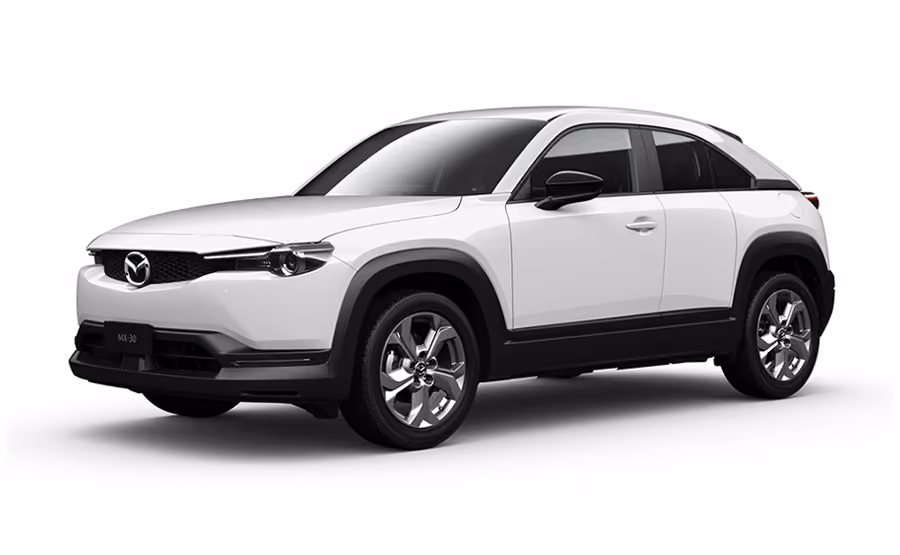White Mazda MX-30 electric SUV shown from front right side on a white background.