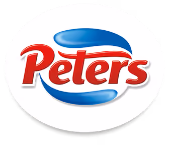 Peters brand logo with red text and blue swoosh shapes on a white oval background.