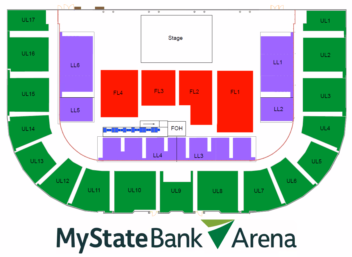 Seating chart of MyStateBank Arena with stage, floor seats in red, lower level seats in purple, upper level in green.