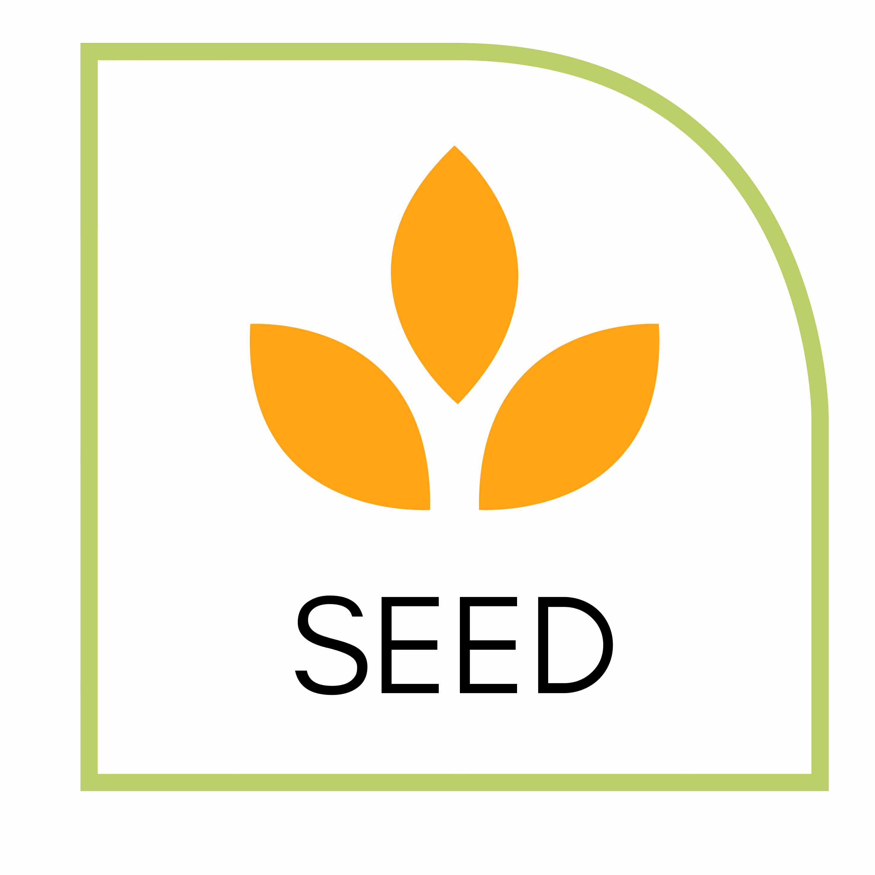 Three orange seed leaves with the word SEED below inside a rounded green border.