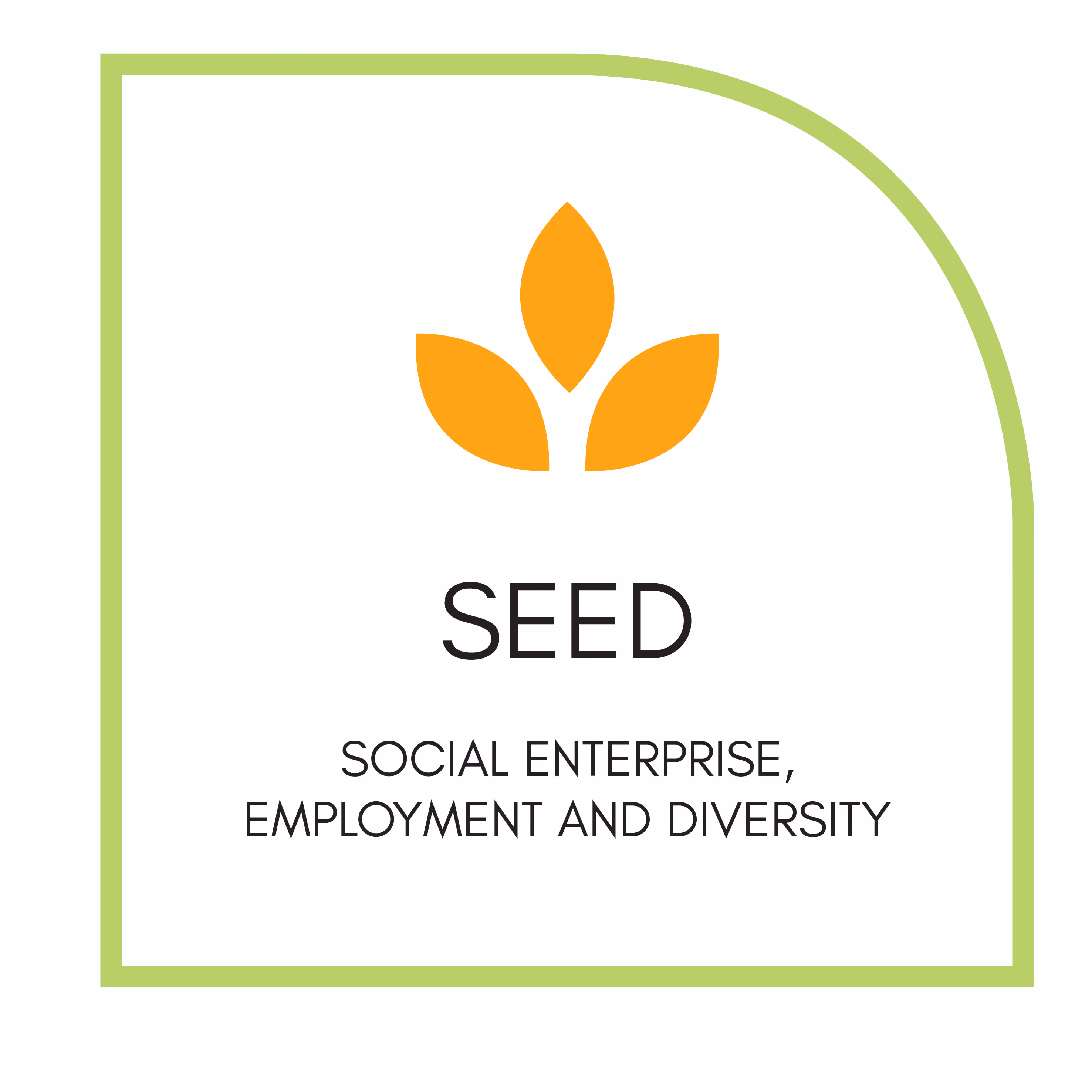 Logo with three orange seed shapes above text SEED Social Enterprise Employment and Diversity inside green border.
