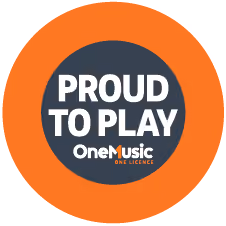 Text saying 'Proud to Play' with OneMusic One Licence logo in a circular orange and black design.