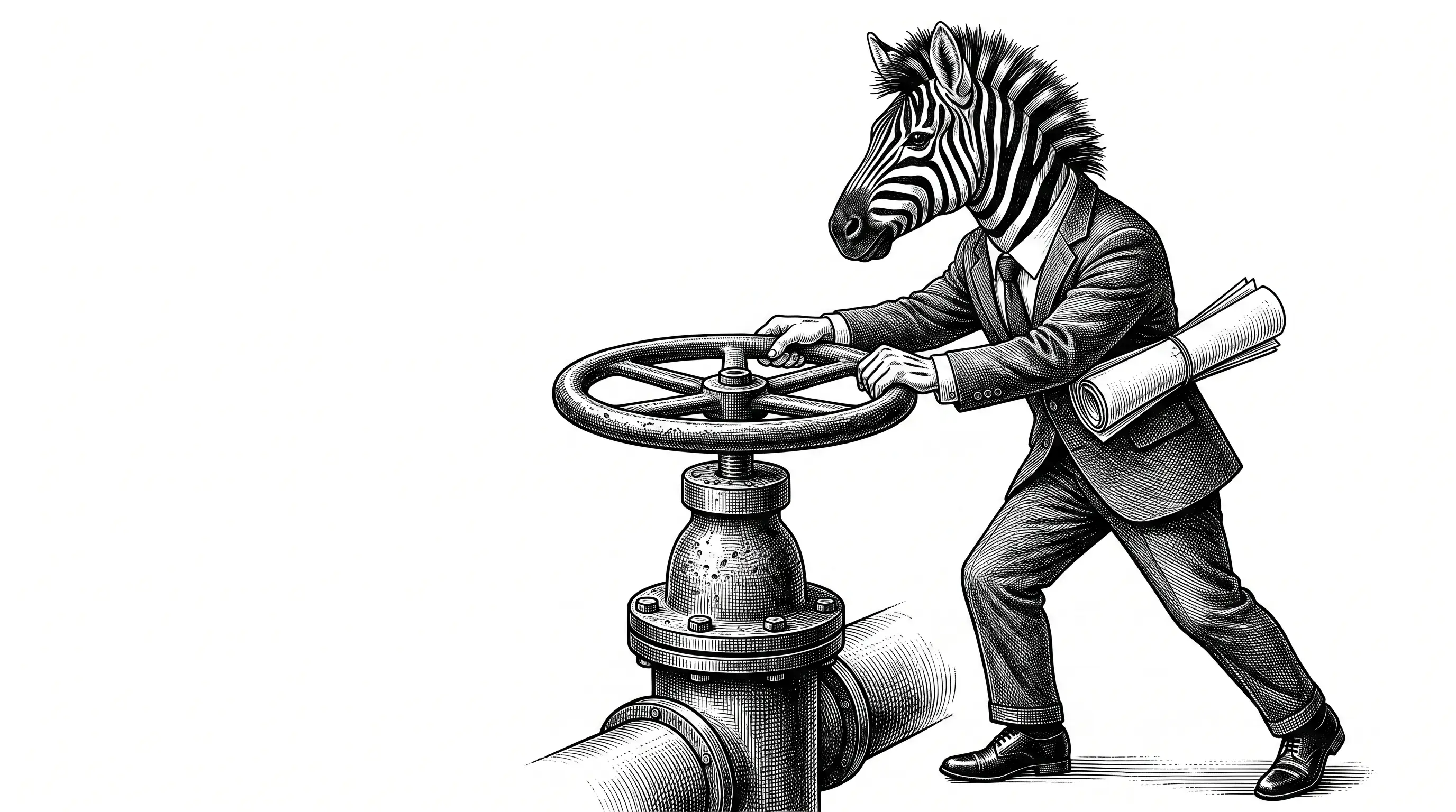Engraved illustration of a zebra in a business suit turning a large cast-iron valve wheel with a rolled report tucked under one arm