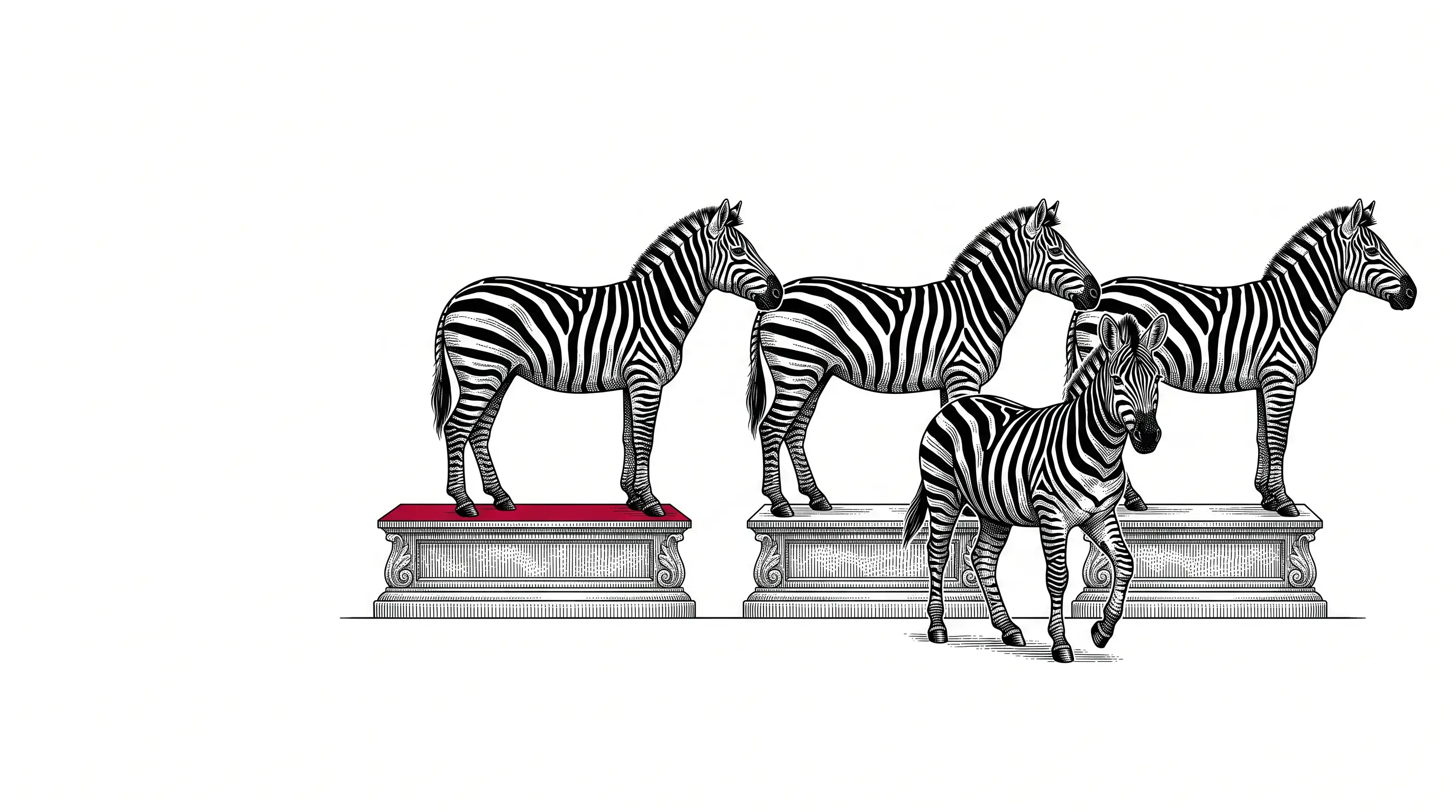 Engraved illustration of three identical zebras standing in profile on stone plinths while a fourth steps down and turns toward the viewer, its vacated plinth marked in red