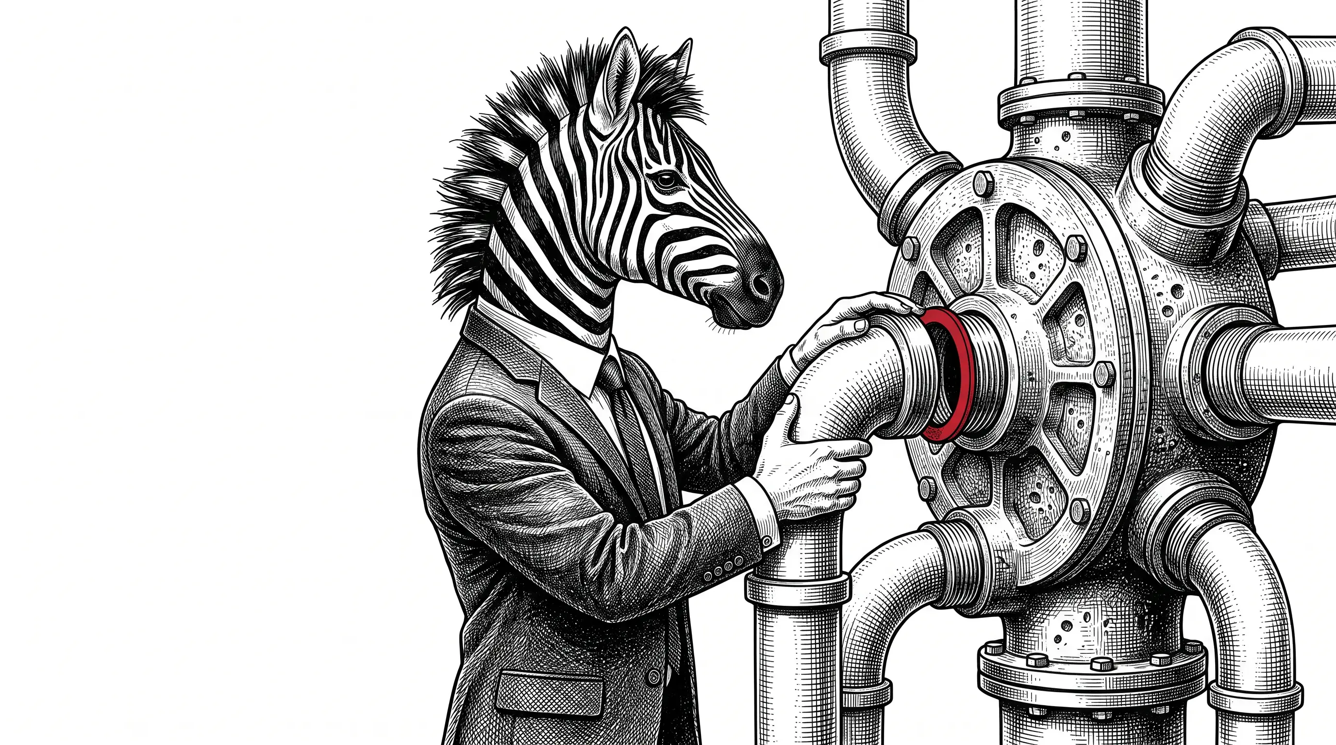 Engraved illustration of a zebra in a business suit fitting a pipe into a many-ported cast-iron manifold, the gasket ring at the joint marked in red