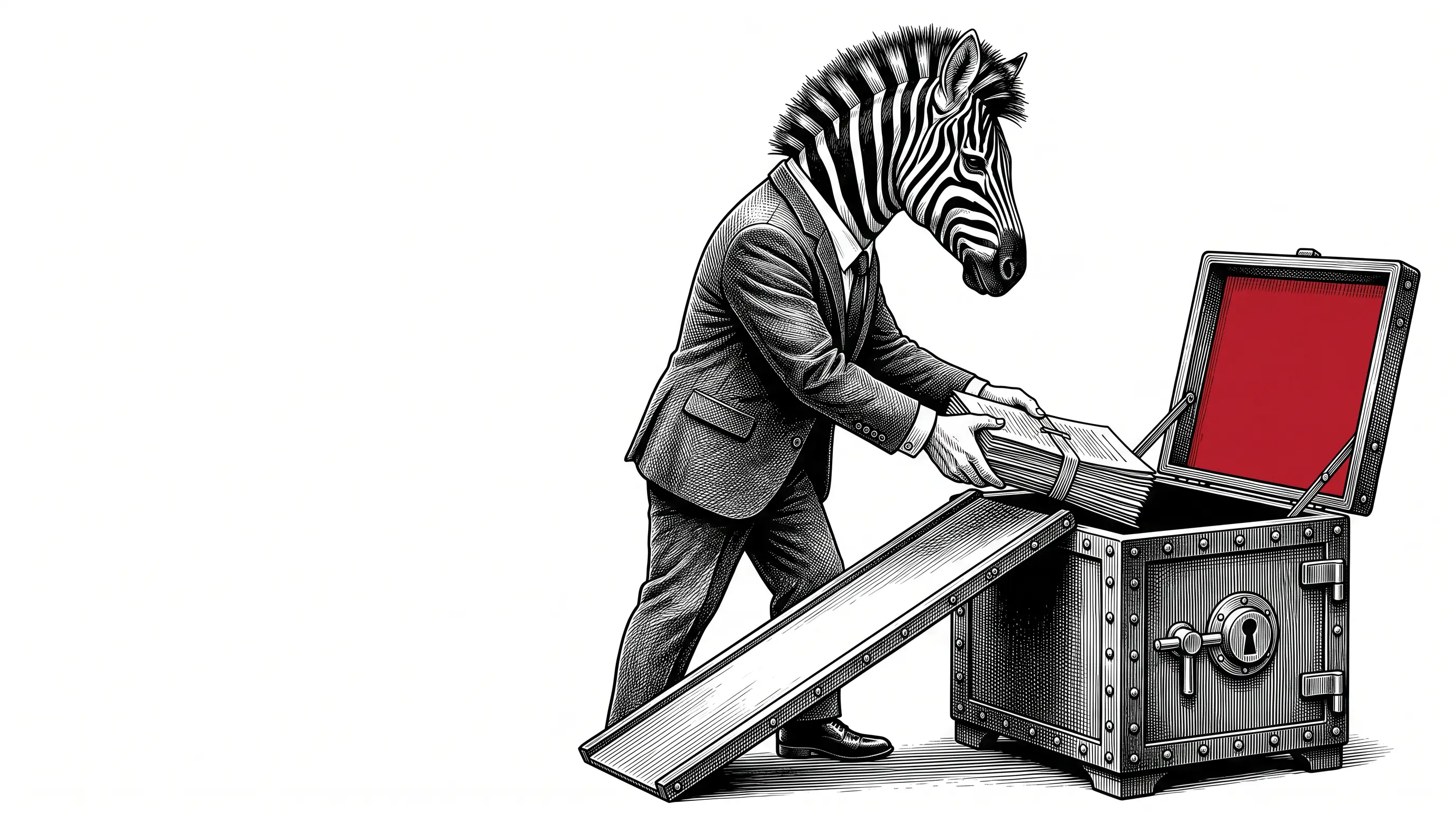 Engraved illustration of a zebra in a business suit sliding a bundle of documents down an iron ramp into an open strongbox with a red lid interior