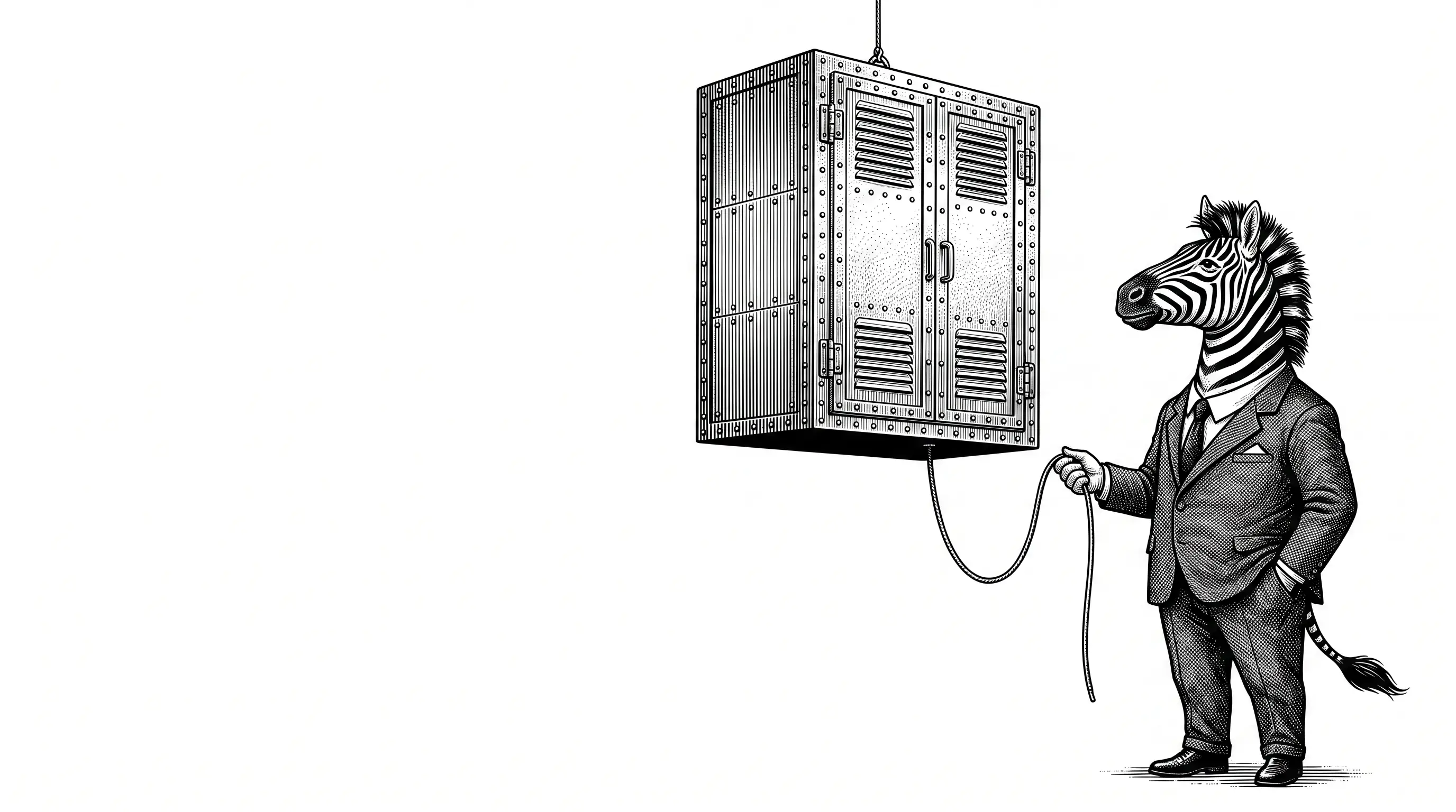 Engraved illustration of a zebra in a business suit holding a single slender cable from which a massive riveted iron equipment cabinet hangs weightlessly