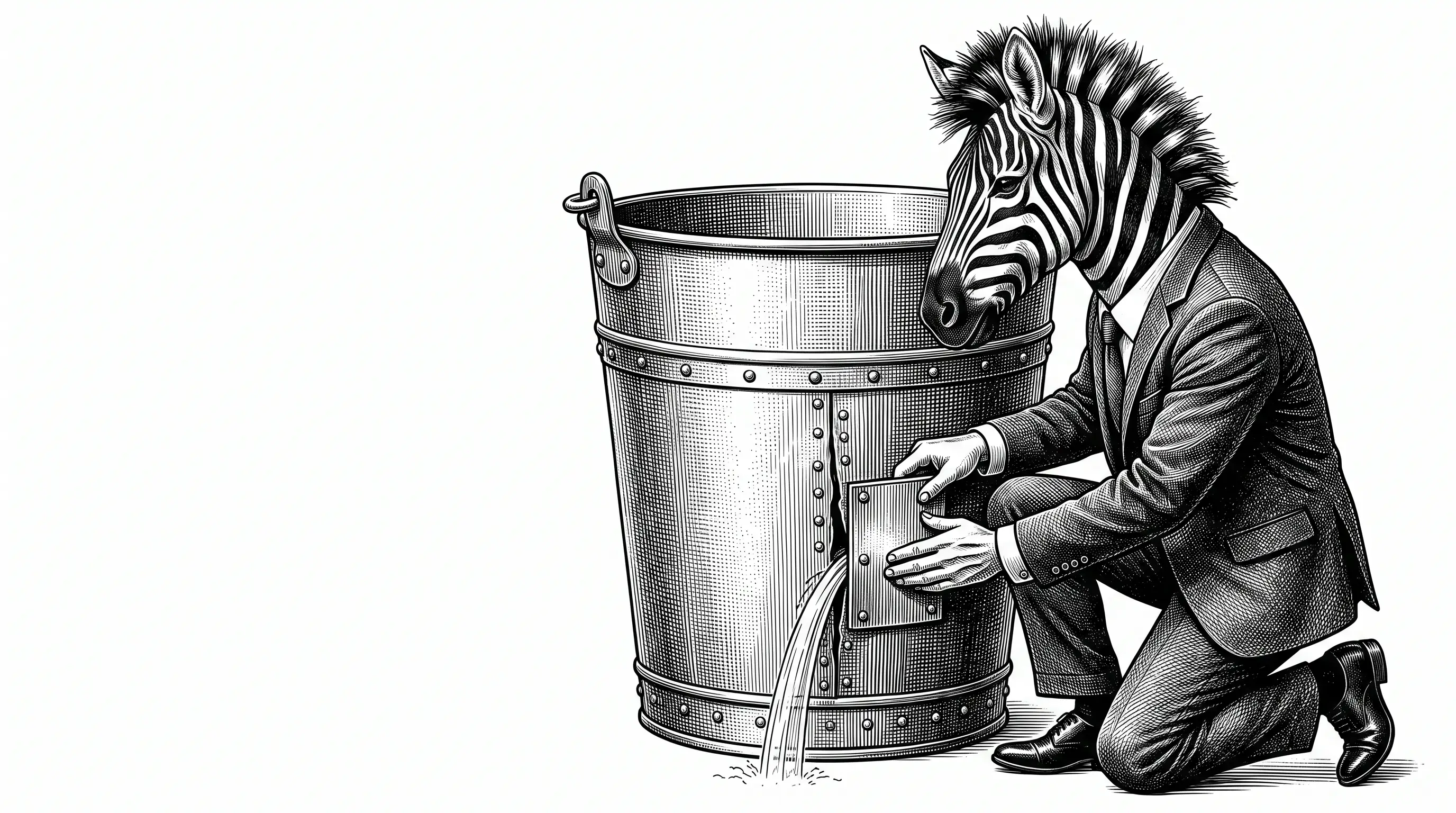 Engraved illustration of a zebra in a business suit crouching to press a metal patch over a split seam leaking from a large riveted iron pail