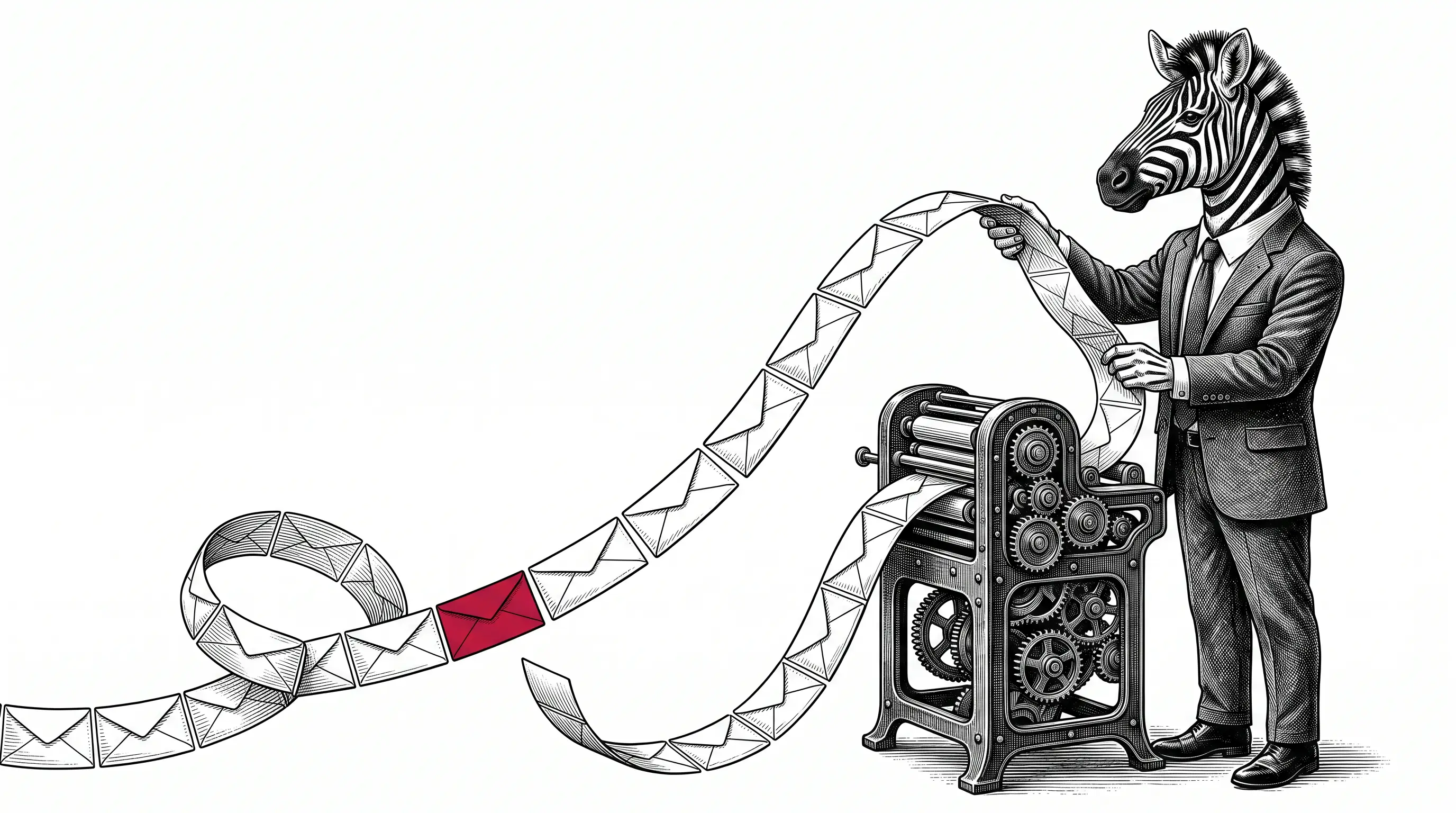 Engraved illustration of a zebra in a business suit holding a continuous strip of envelopes streaming from an iron machine, one envelope marked in red
