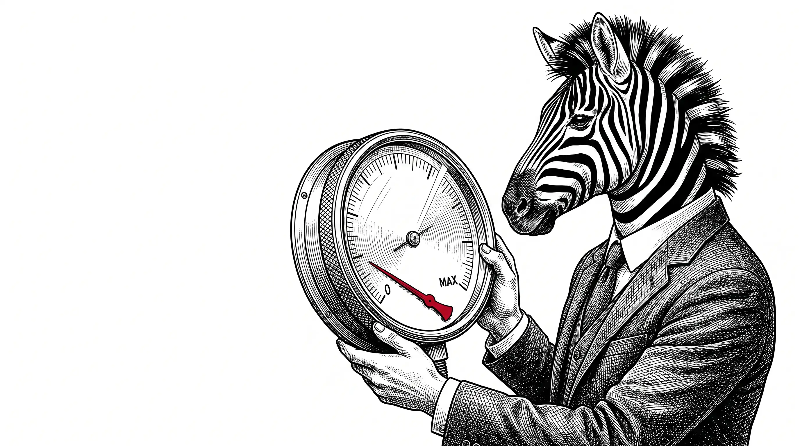 Engraved illustration of a zebra in a business suit studying a large brass pressure gauge whose needle has come loose and lies fallen at the bottom of the dial in red