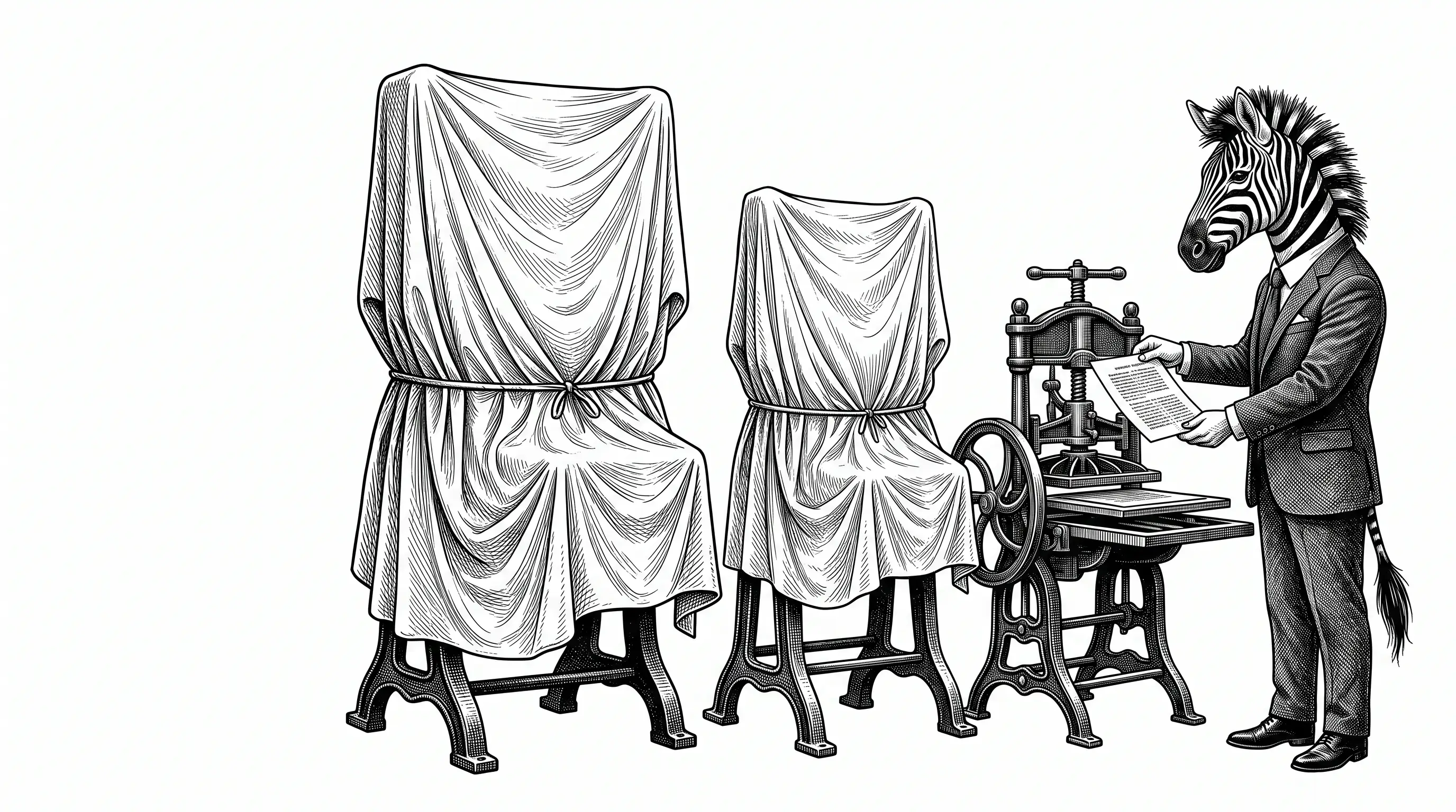 Engraved illustration of three cast-iron printing presses in a row, the two larger ones shrouded under dust sheets while a zebra in a business suit works the smallest