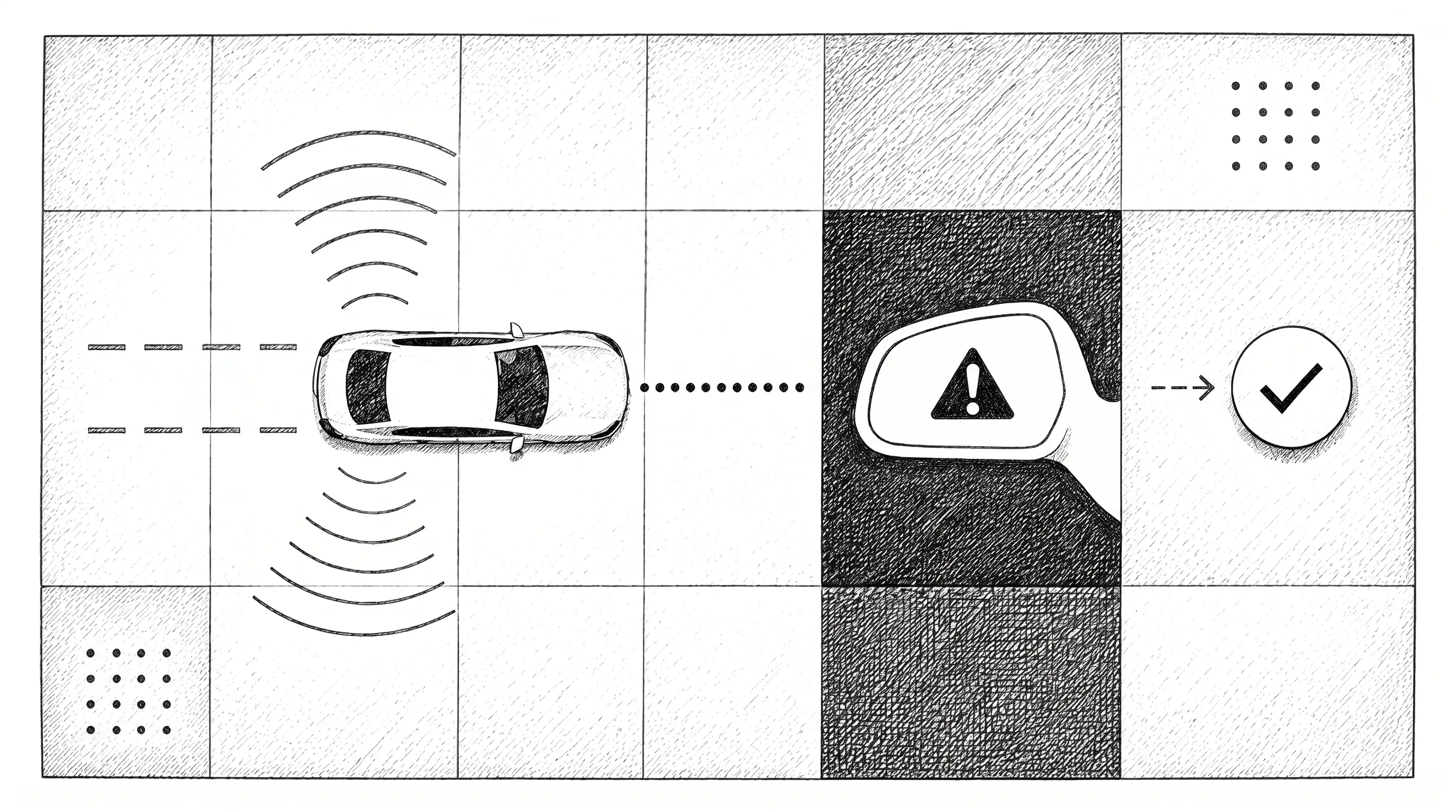 Hand-drawn technical diagram of a car with sensor sweeps travelling a dotted path that crosses a blacked-out grid cell containing a mirror warning icon