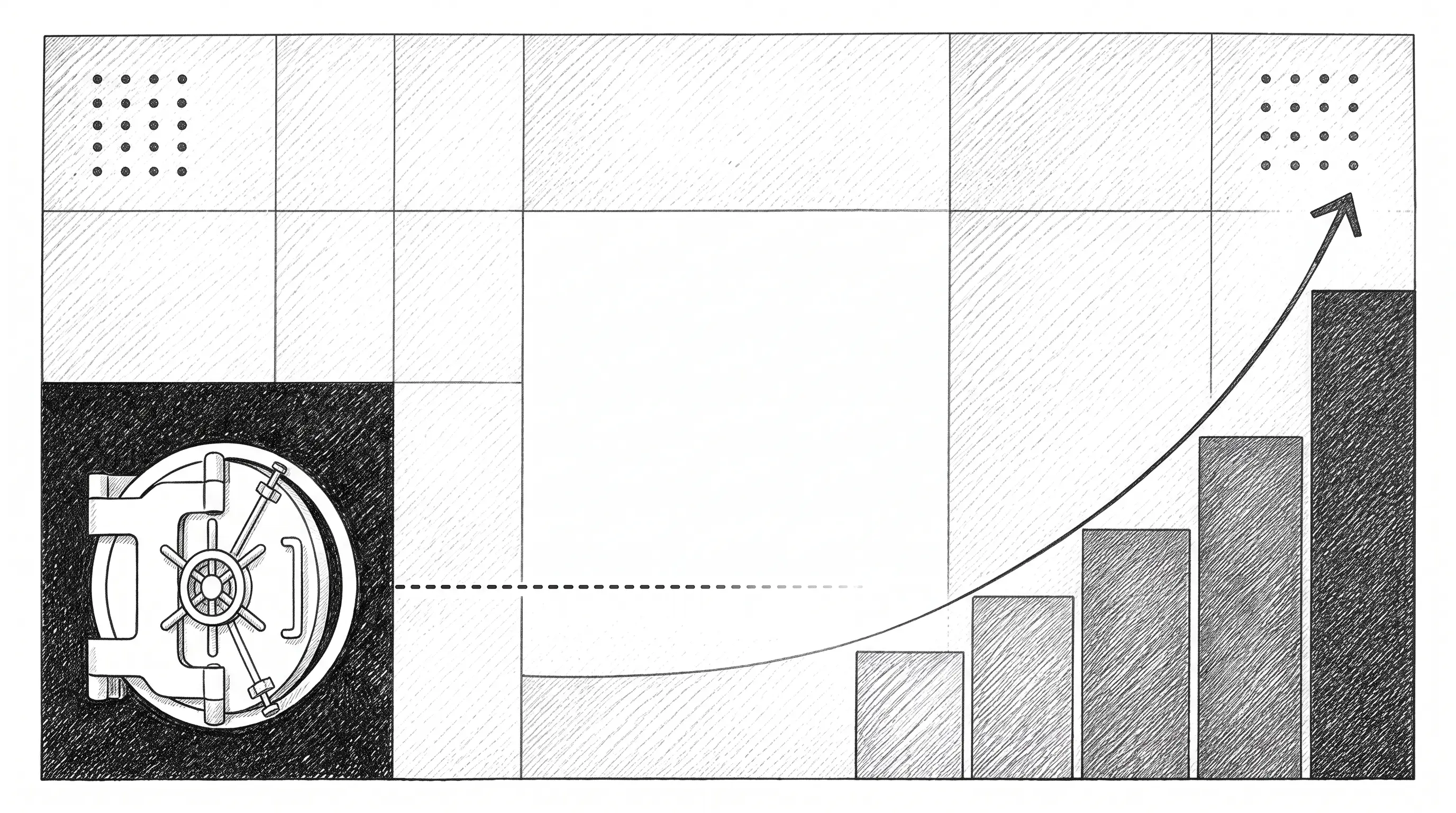 Hand-drawn technical diagram of an ajar bank vault door in a blacked-out cell feeding a series of ascending bars and a steeply rising curve