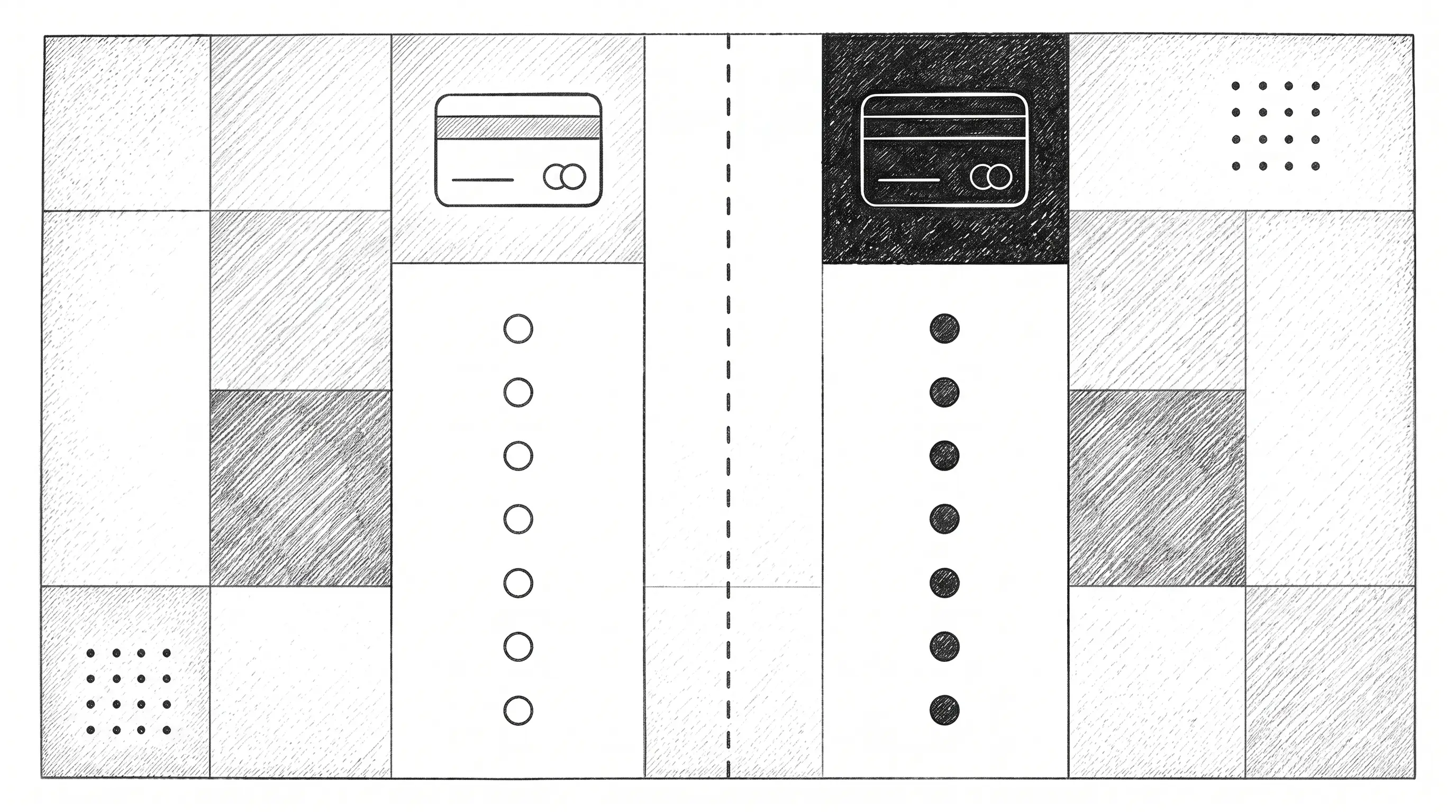 Hand-drawn technical diagram comparing two payment platforms as side-by-side columns of hollow versus filled marks