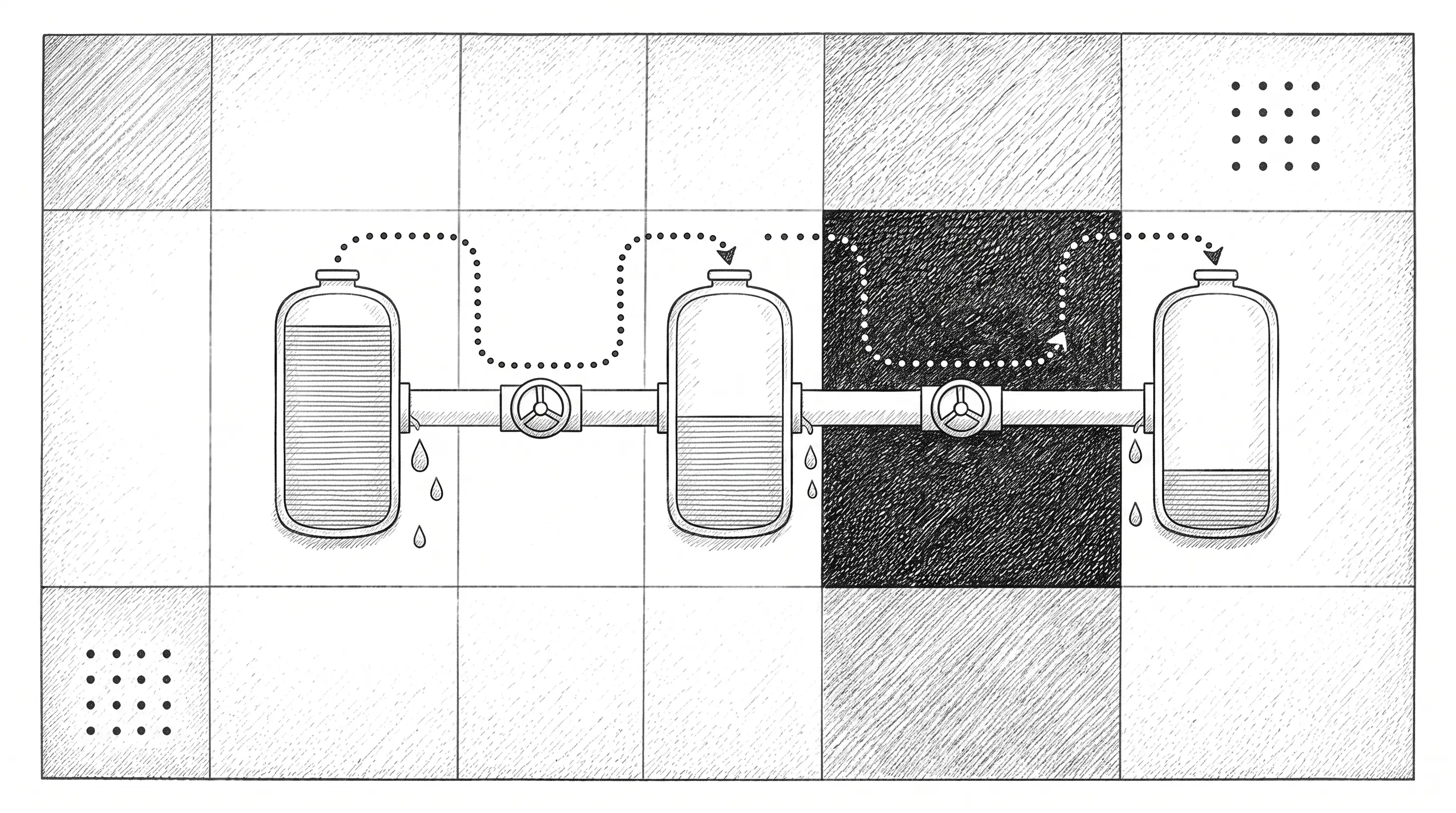 Hand-drawn technical diagram of three connected vessels holding progressively less, with droplets escaping at each pipe junction