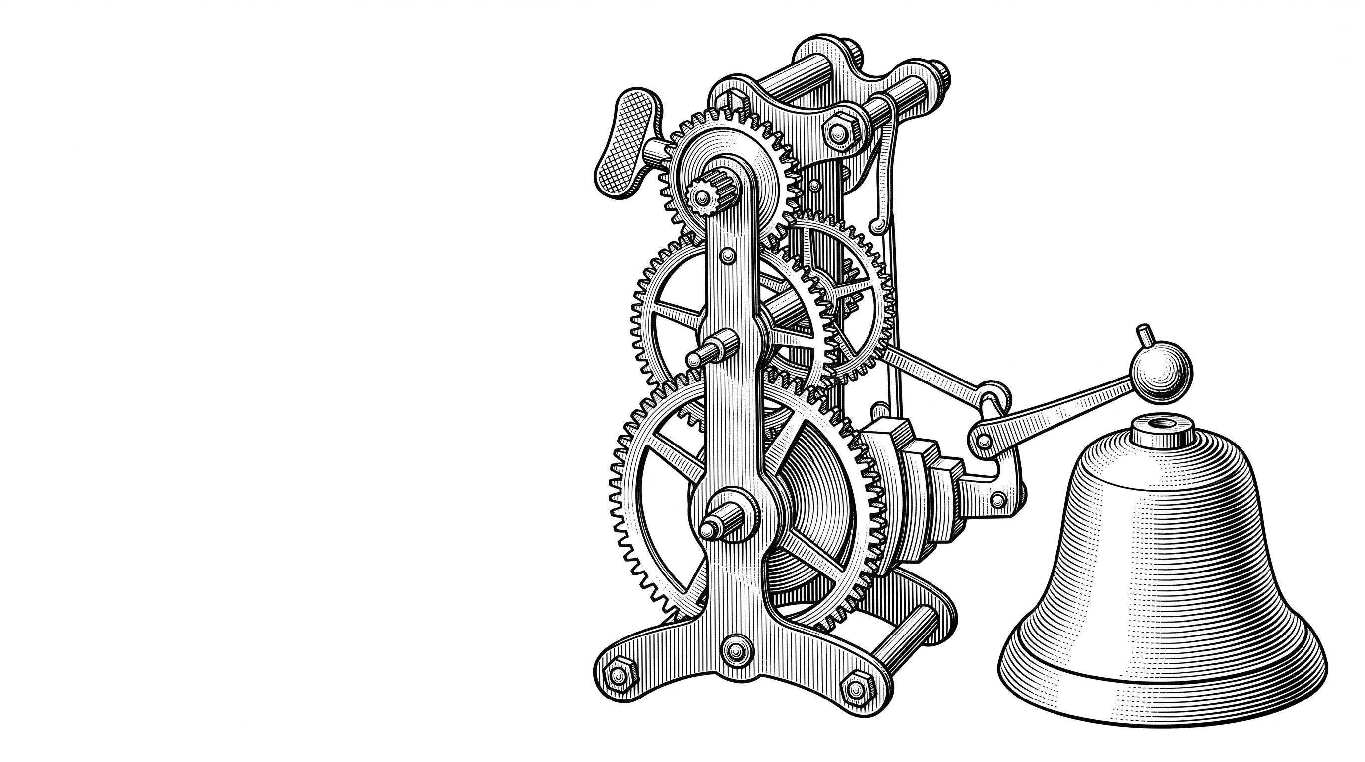 Engraved illustration of a train of three brass gears driving a pivoted hammer poised against an upturned bell