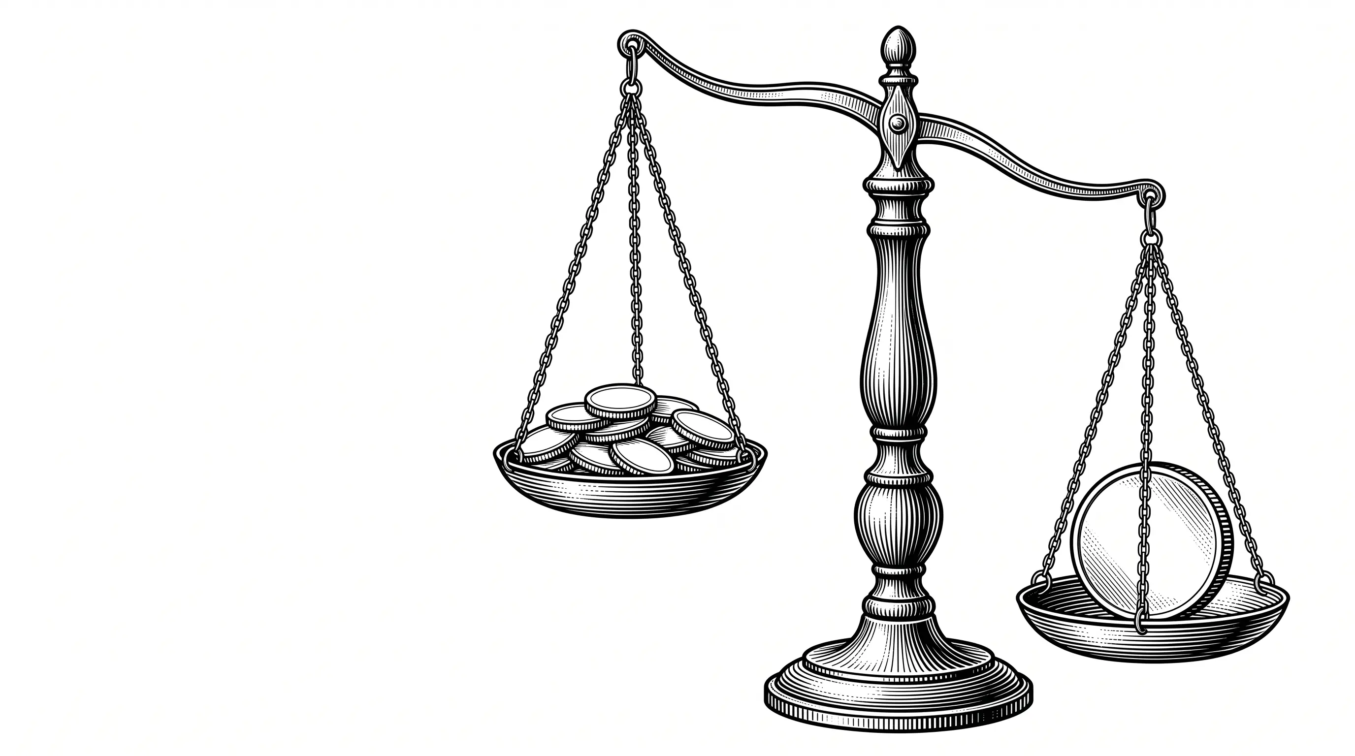 Engraved illustration of an antique balance scale where a single large disc outweighs a heap of many small ones