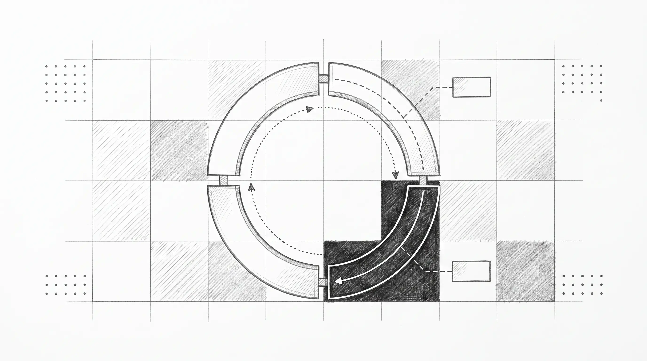 Hand-drawn technical diagram of a ring built from four arc segments, the final arc reversed out of a blacked-out cell to complete the circle