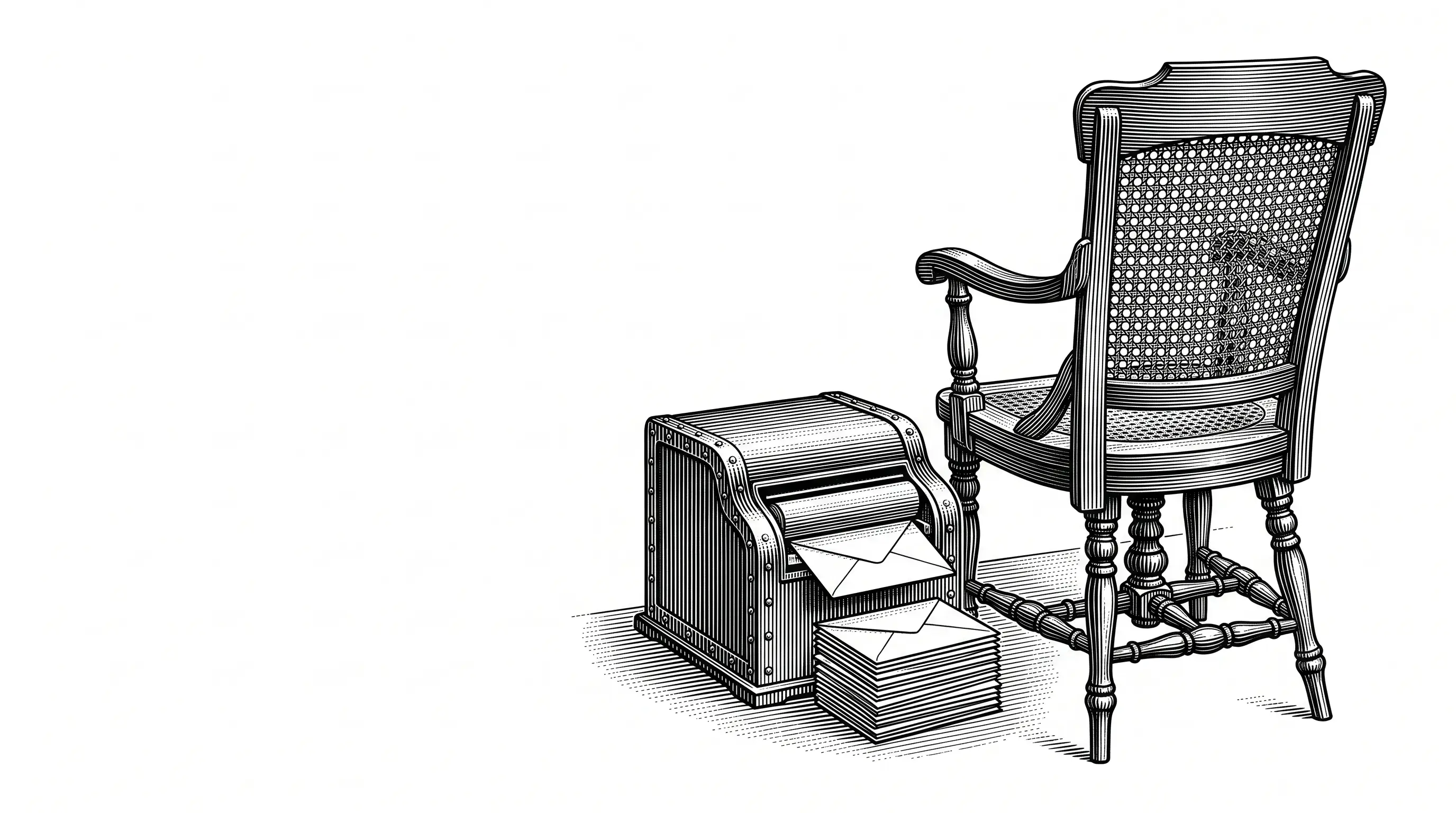 Engraved illustration of an empty wooden office chair beside a cast-iron desk machine producing a neat stack of sealed envelopes