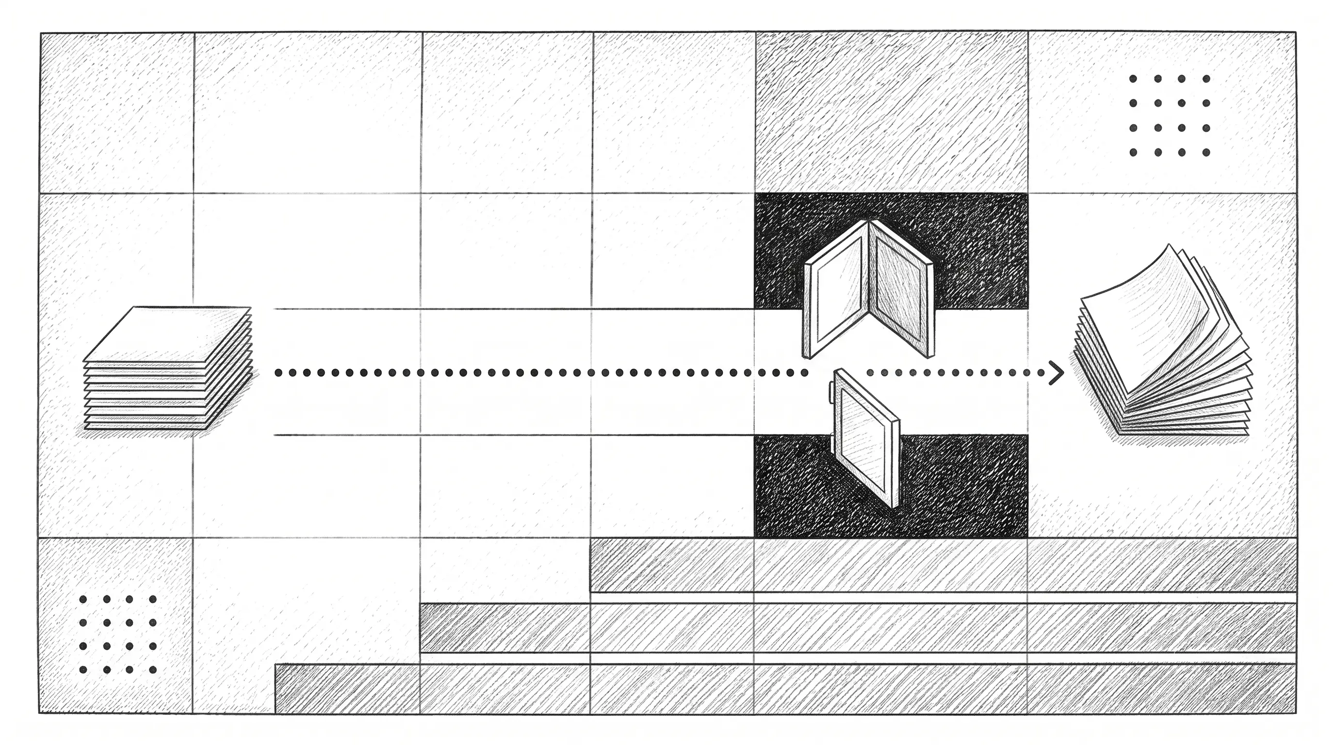 Hand-drawn technical diagram of a widened gate in a lane, a small queue of sheets entering and a much larger stack leaving, with shortening bars beneath