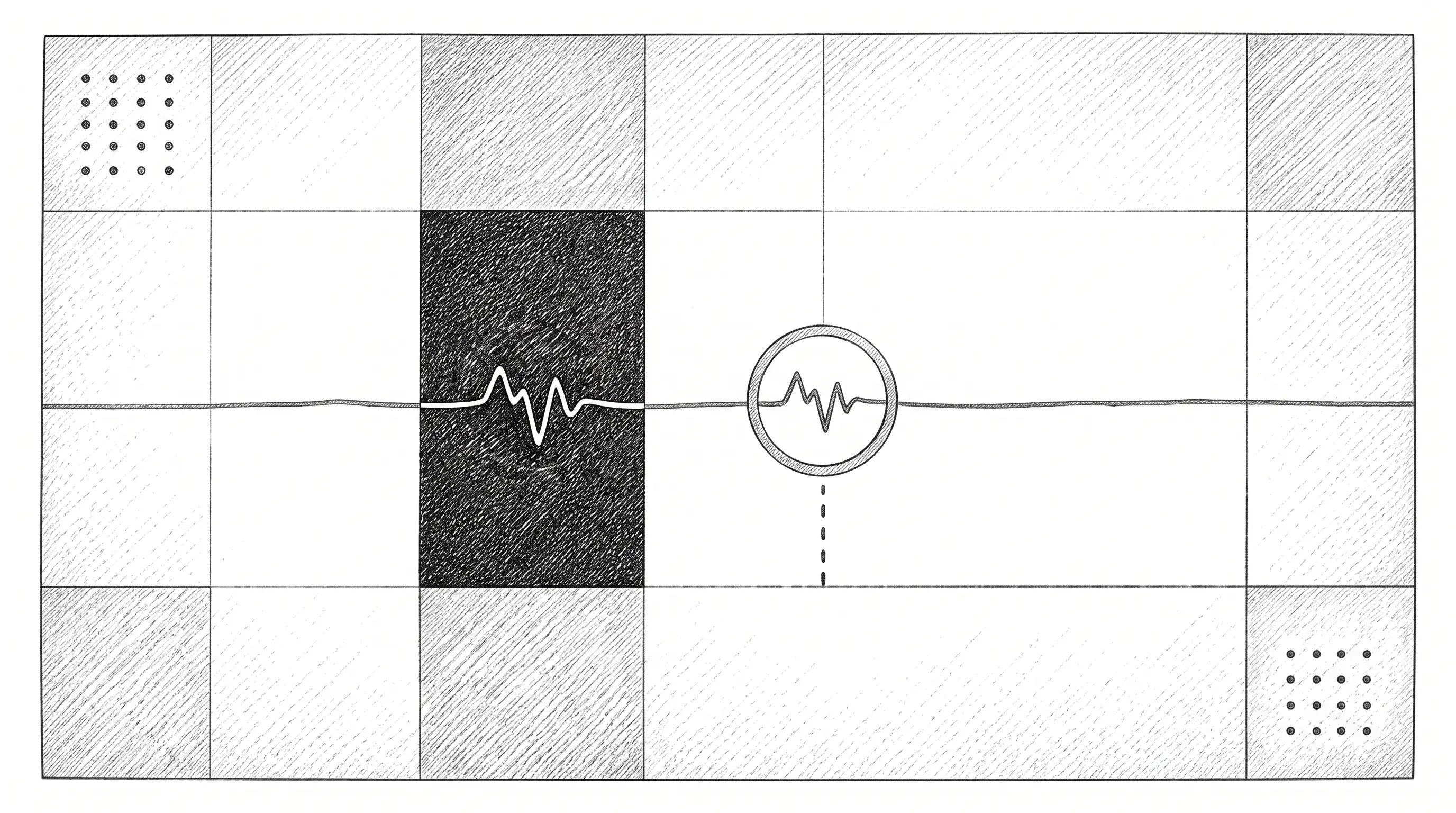 Hand-drawn technical diagram of a signal line with one small anomaly ringed inside a blacked-out cell, the line continuing smoothly beyond it