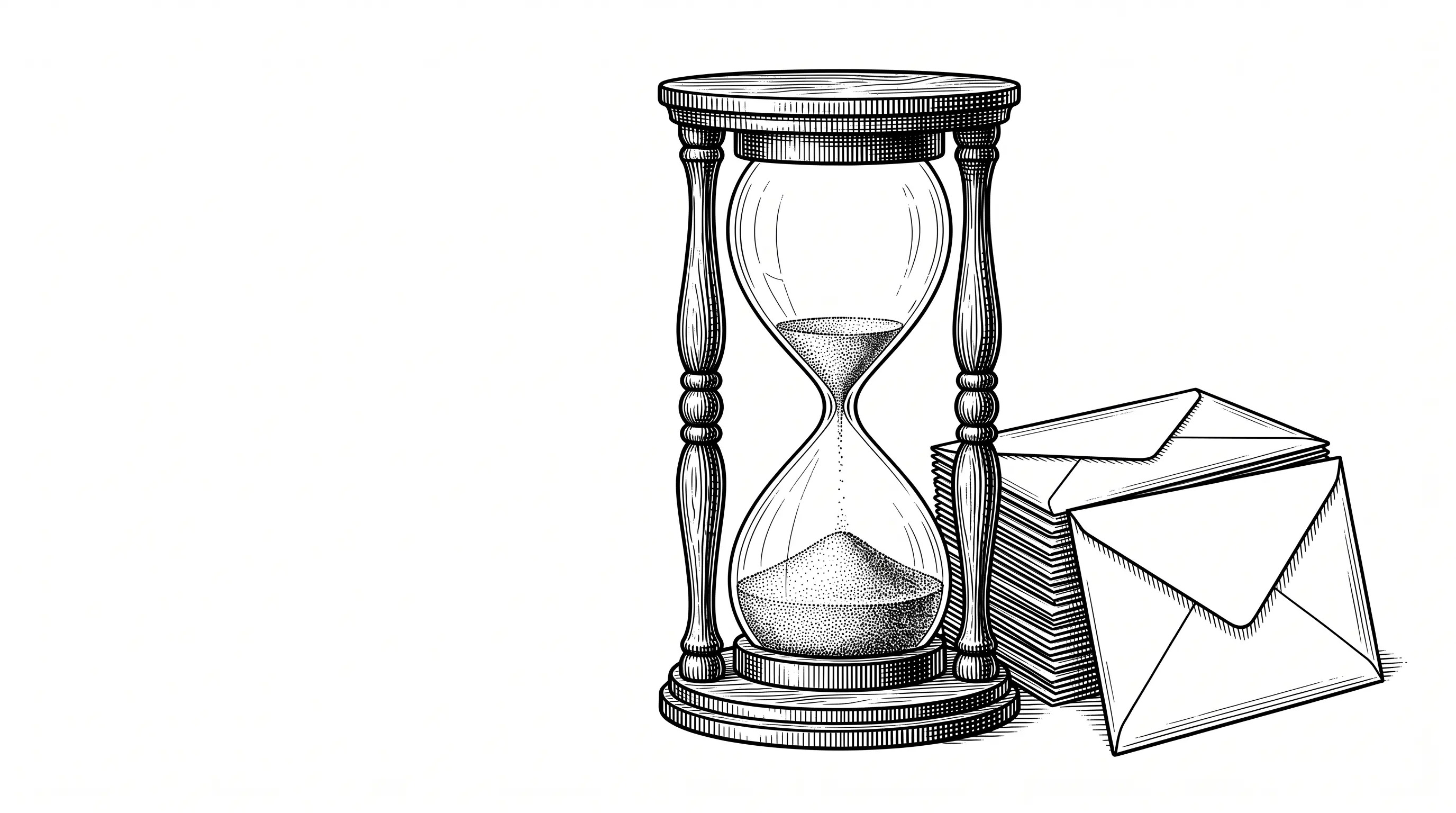 Engraved illustration of an hourglass with its sand almost run through, beside a neat stack of sealed envelopes ready to send