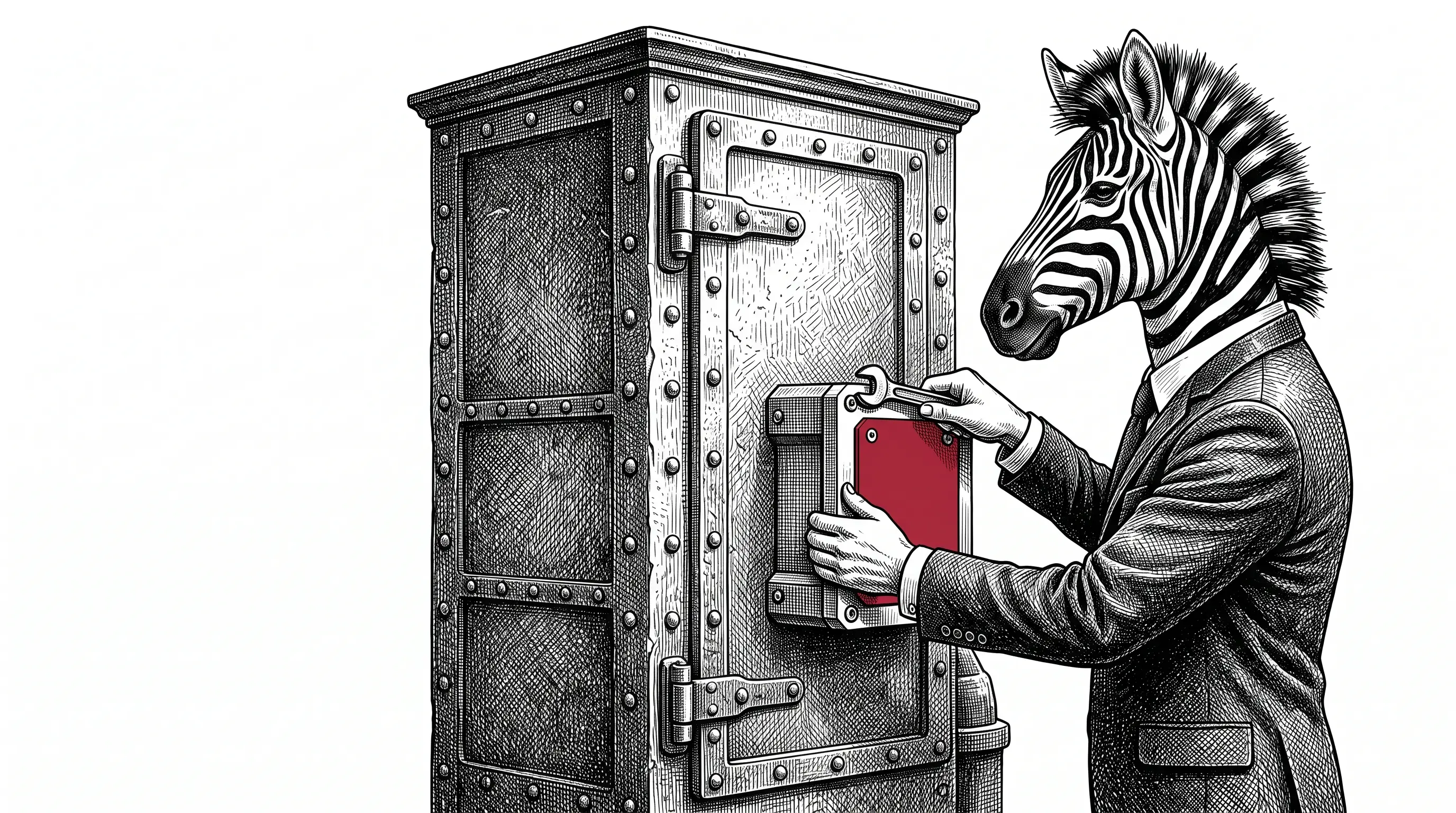 Engraved illustration of a zebra in a business suit bolting a compact new module onto the flank of a large existing iron machine, the module faceplate in red