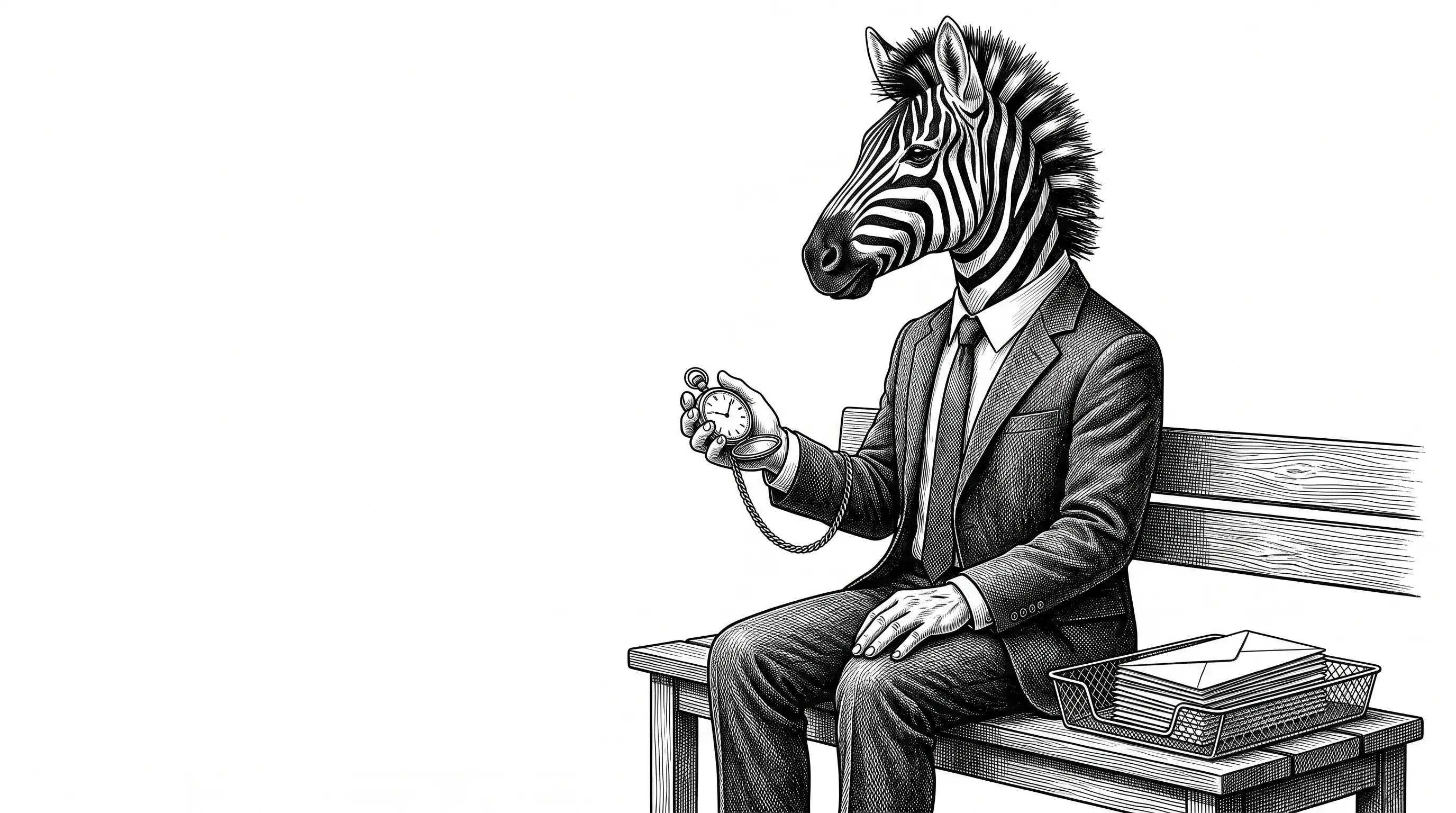 Engraved illustration of a zebra in a business suit seated on a bench holding an open pocket watch, a tray of already-sent envelopes beside him