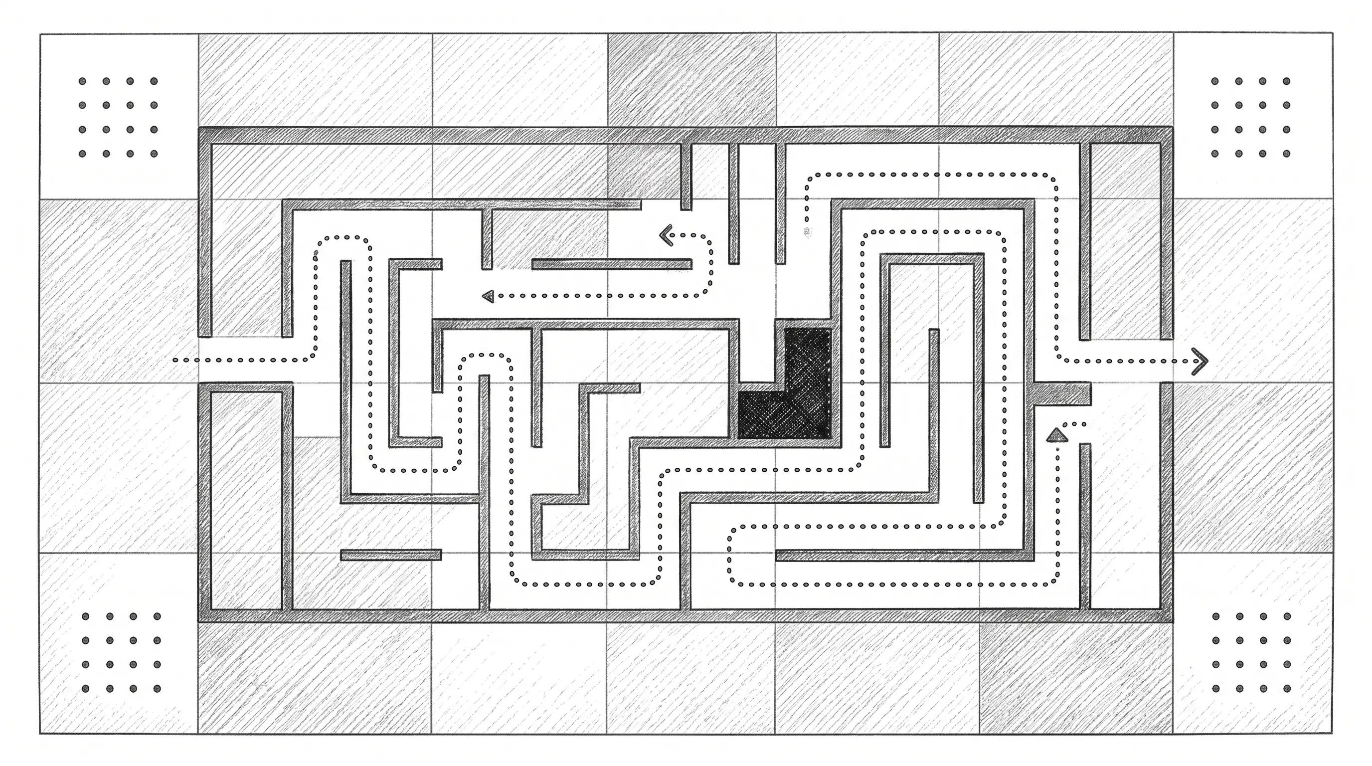 Hand-drawn technical diagram of an overhead maze with a dotted path threading through to the exit and one dead-end cell blacked out