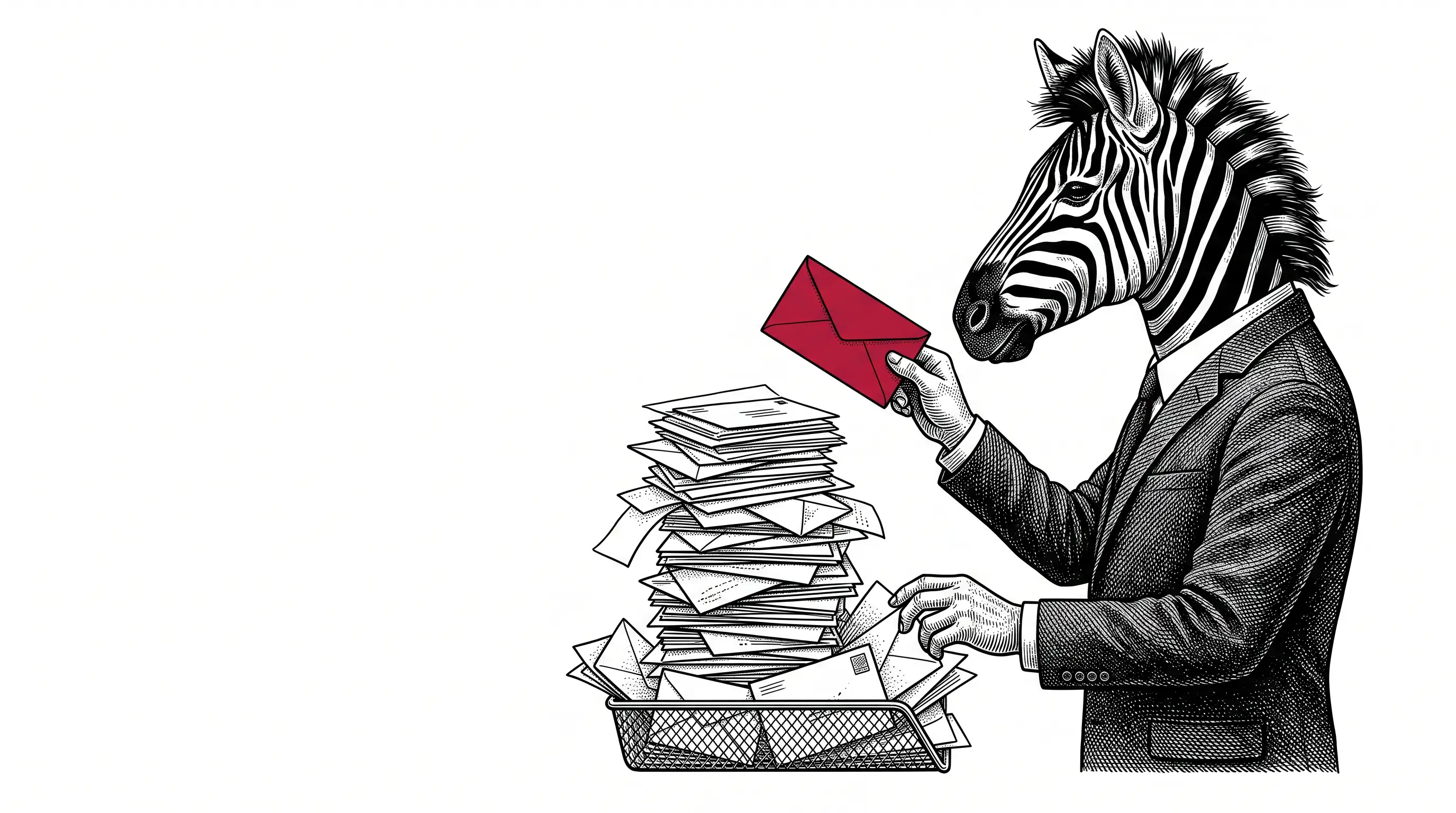 Engraved illustration of a zebra in a business suit beside an overflowing wire in-tray, holding one single red envelope clear of the pile