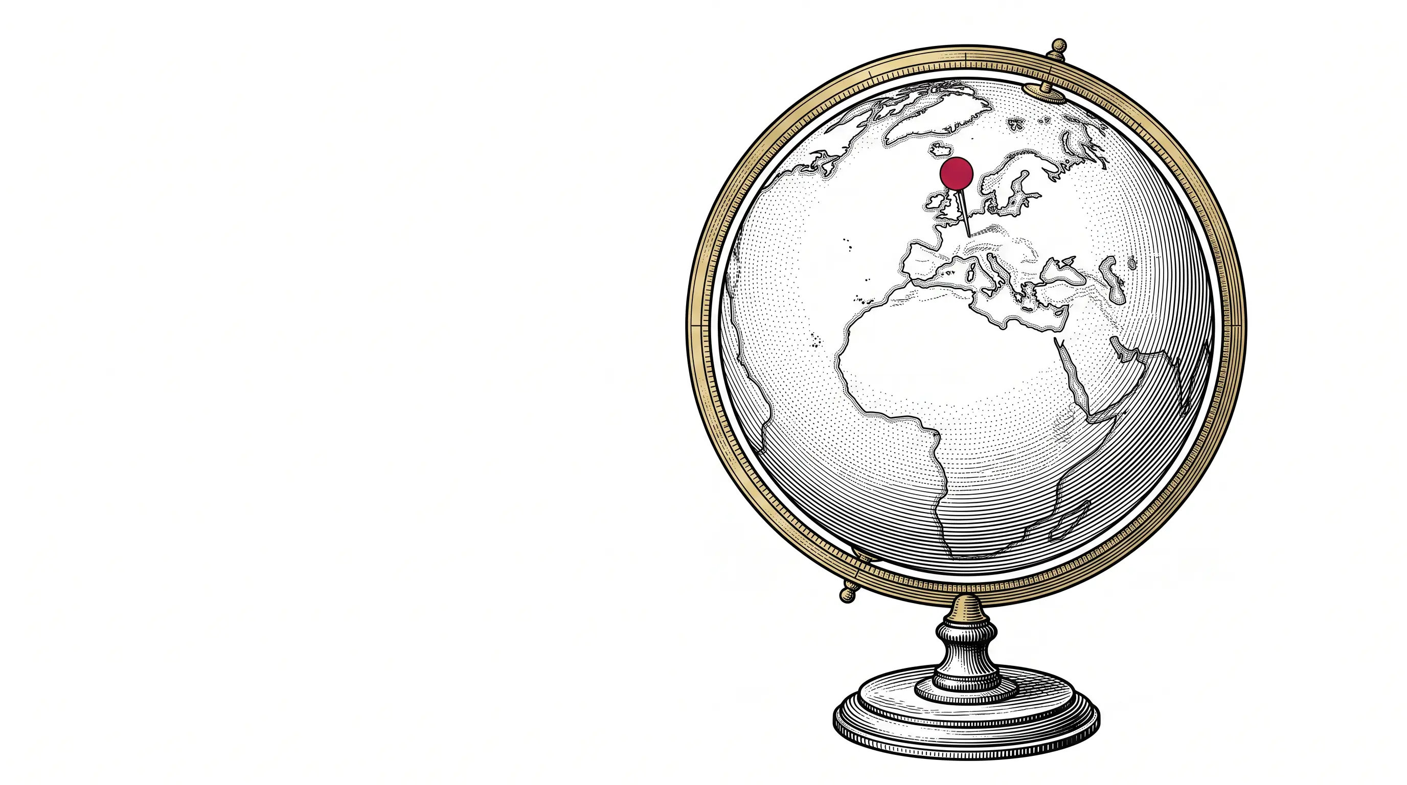 Engraved illustration of an antique terrestrial globe in a brass meridian ring with a single red marker pin set over north-western Europe