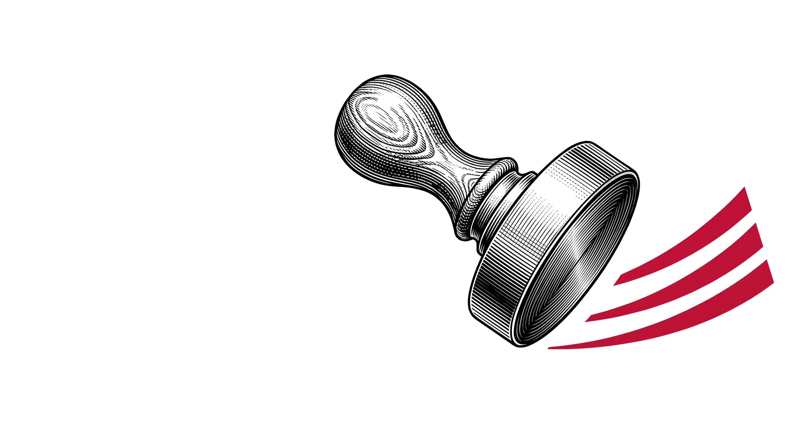 Engraved illustration of a brass hand stamp beside three bold curved stripes freshly struck in red on a plain white field