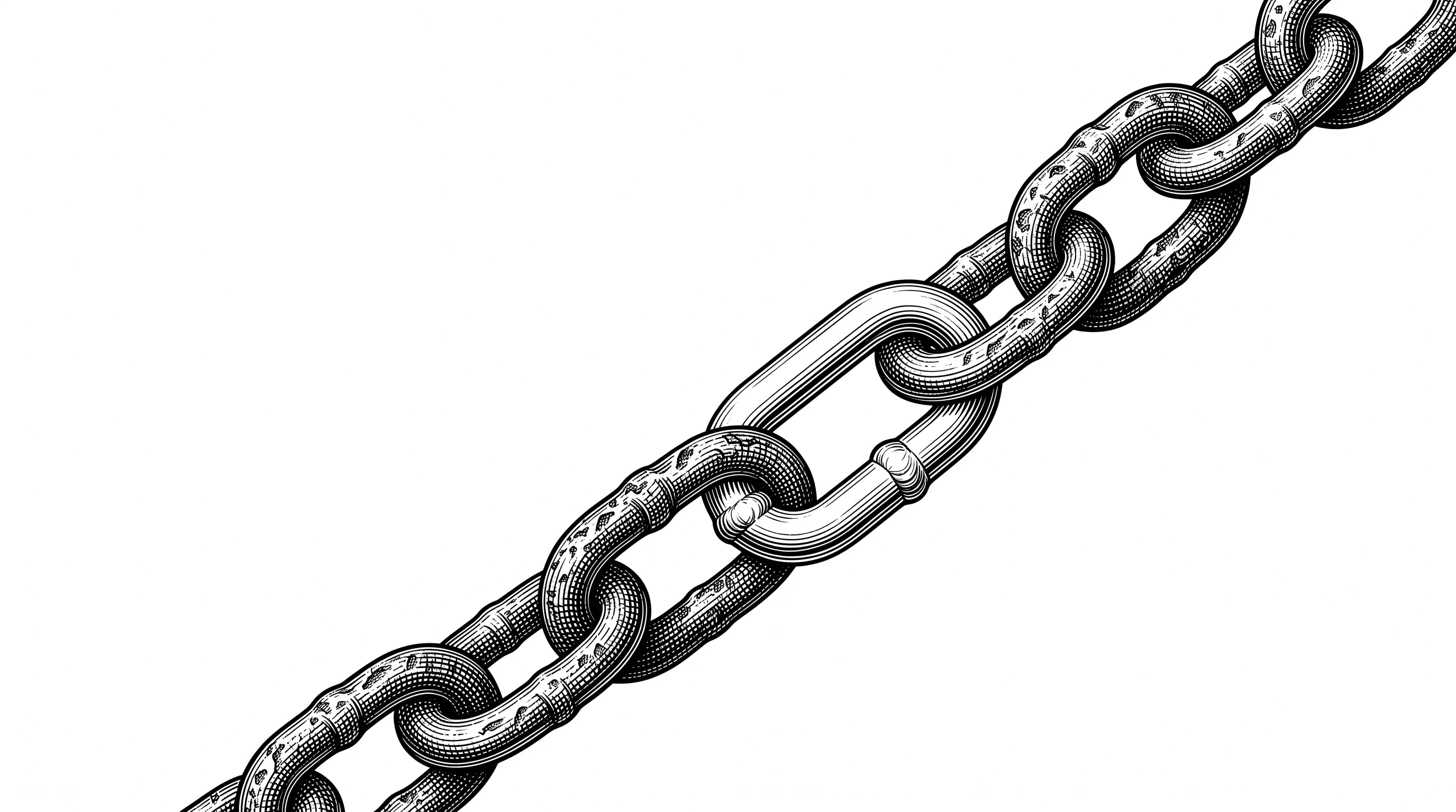 Engraved illustration of two lengths of weathered iron chain joined into one continuous run by a single freshly closed link