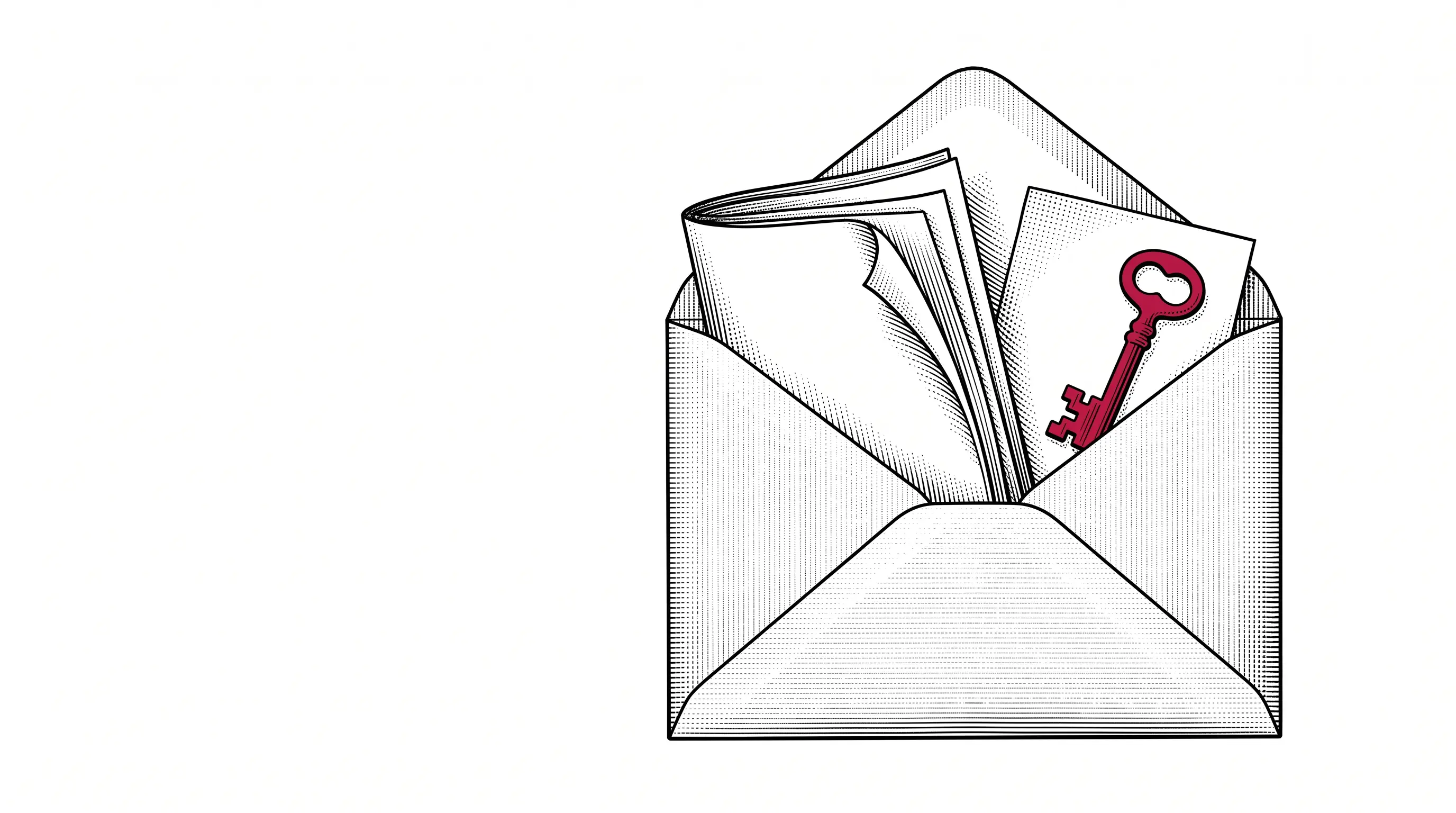 Engraved illustration of an opened envelope from which a folded document and a red key emerge side by side