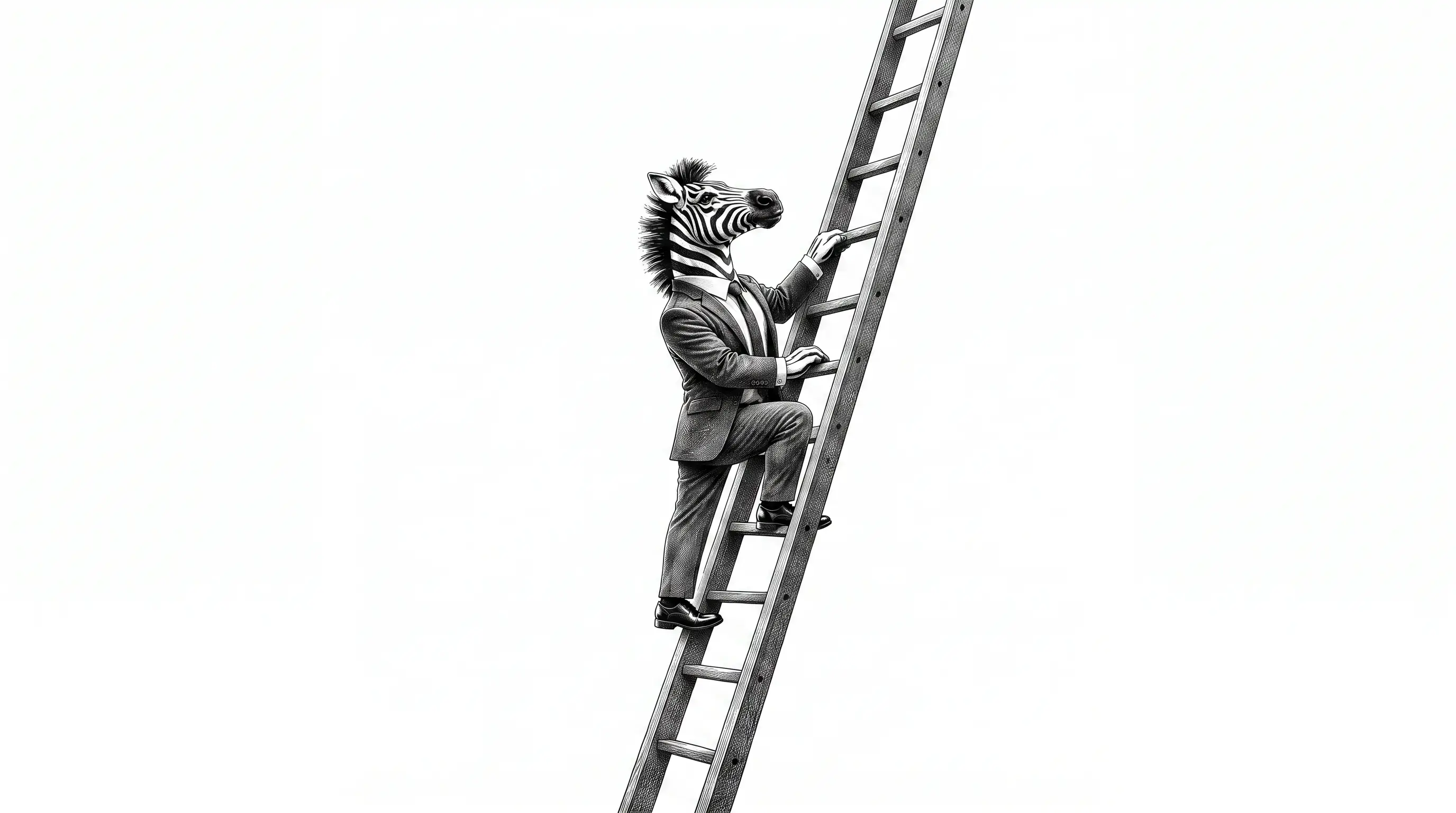 Engraved illustration of a zebra in a business suit climbing a wooden ladder, reaching for the next rung