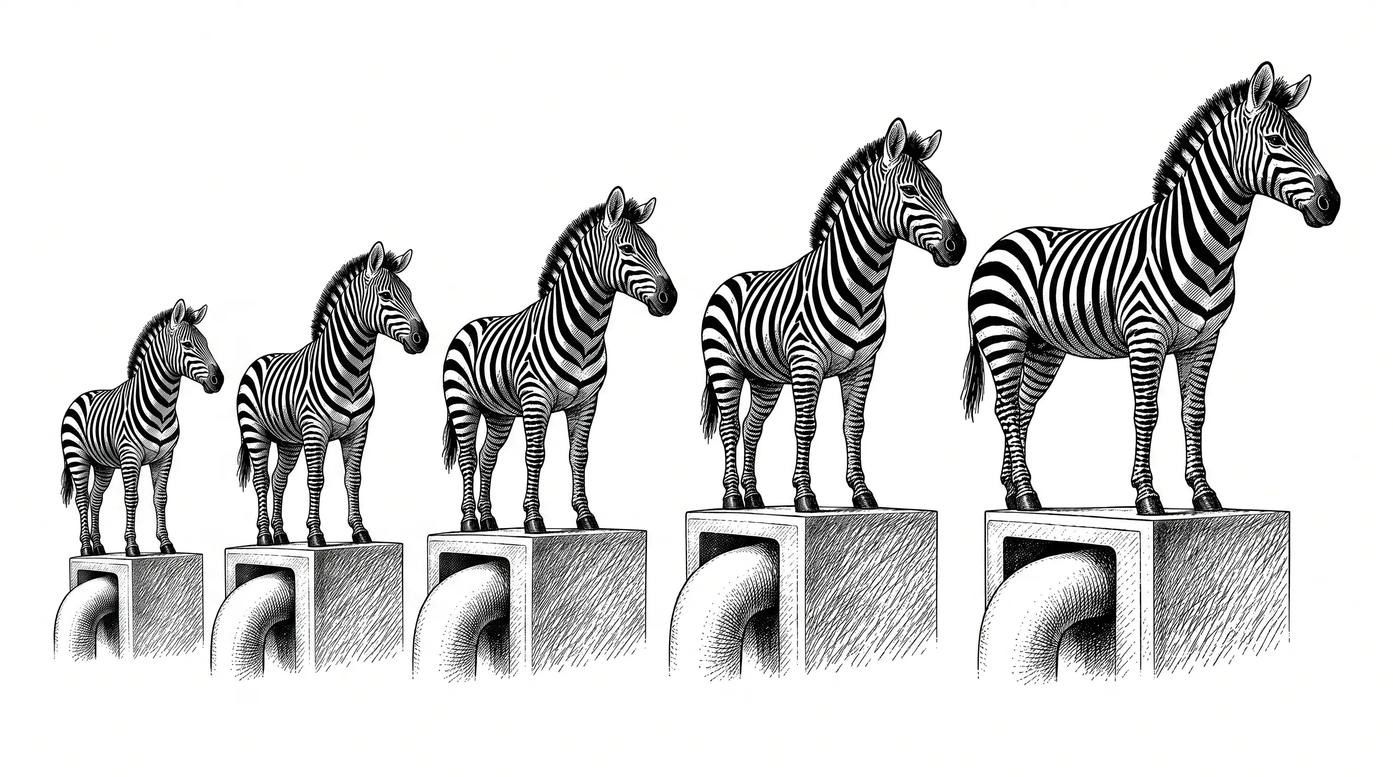 Engraved illustration of four zebras of increasing size standing on four ascending stone plinths, each block carved with a curved pipe bore running through its face