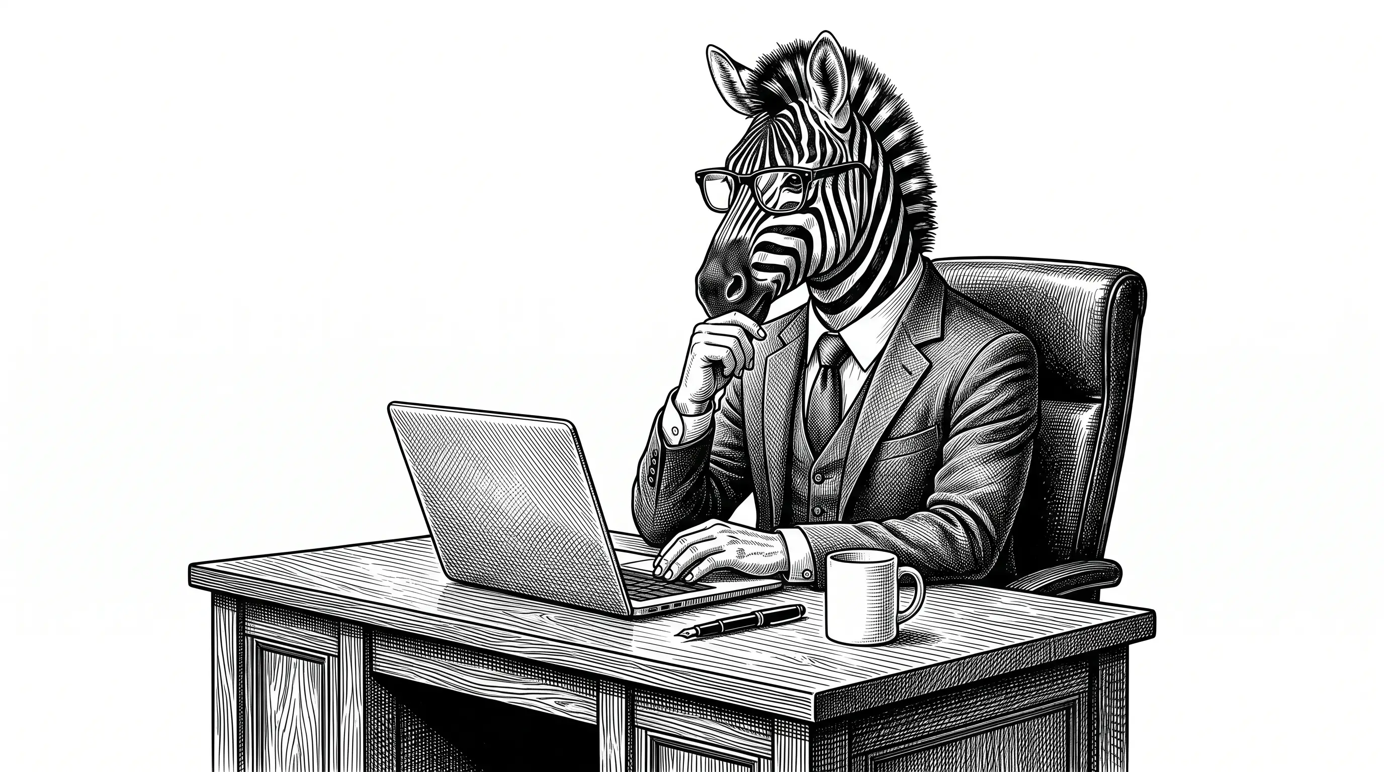 Engraved illustration of a zebra in a three-piece suit and spectacles seated at a wooden desk, chin resting on one hand as he studies an open laptop
