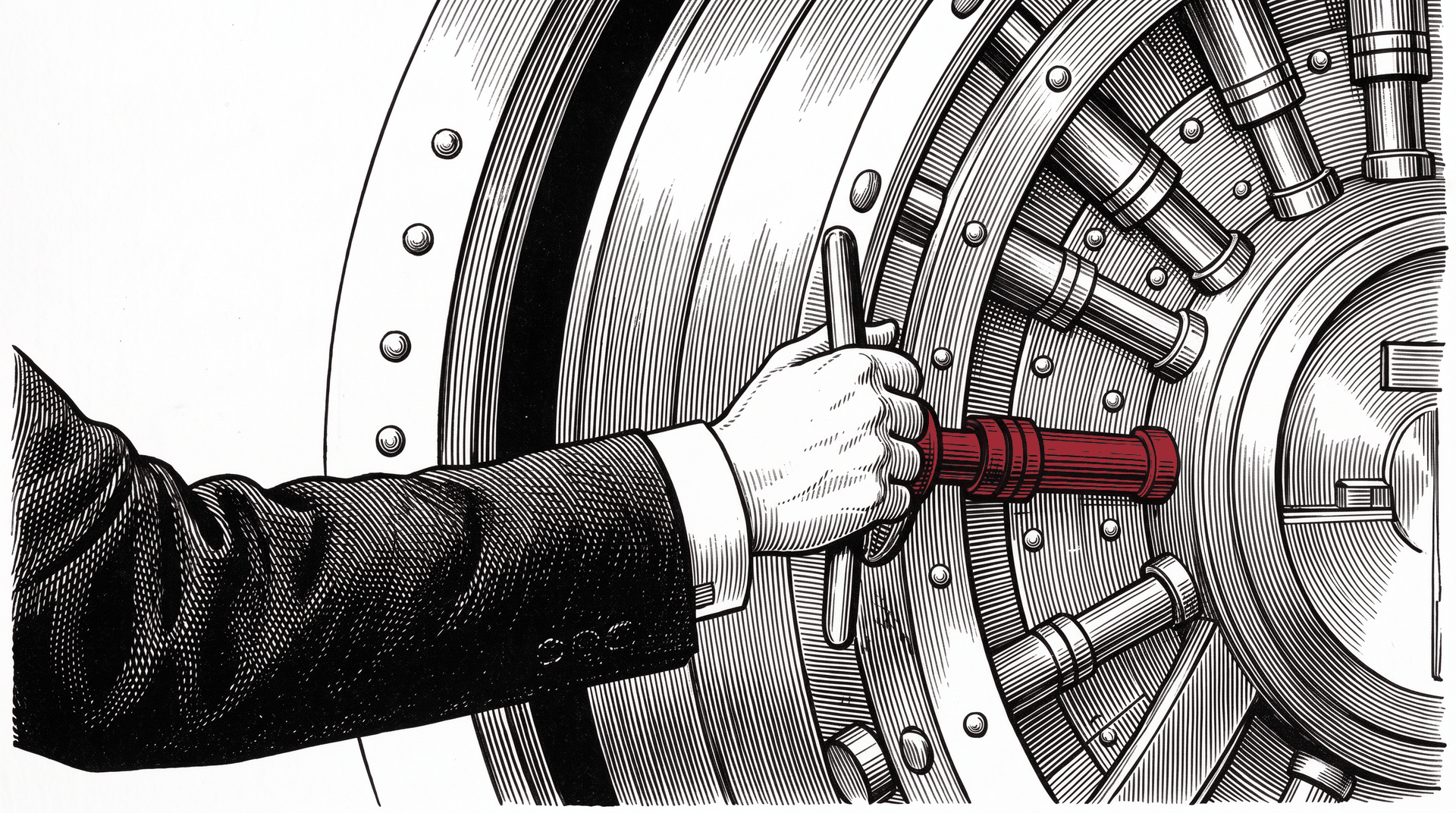 Engraved illustration of a suited forearm hauling open the locking bolt of a steel vault door, the bolt bar in red
