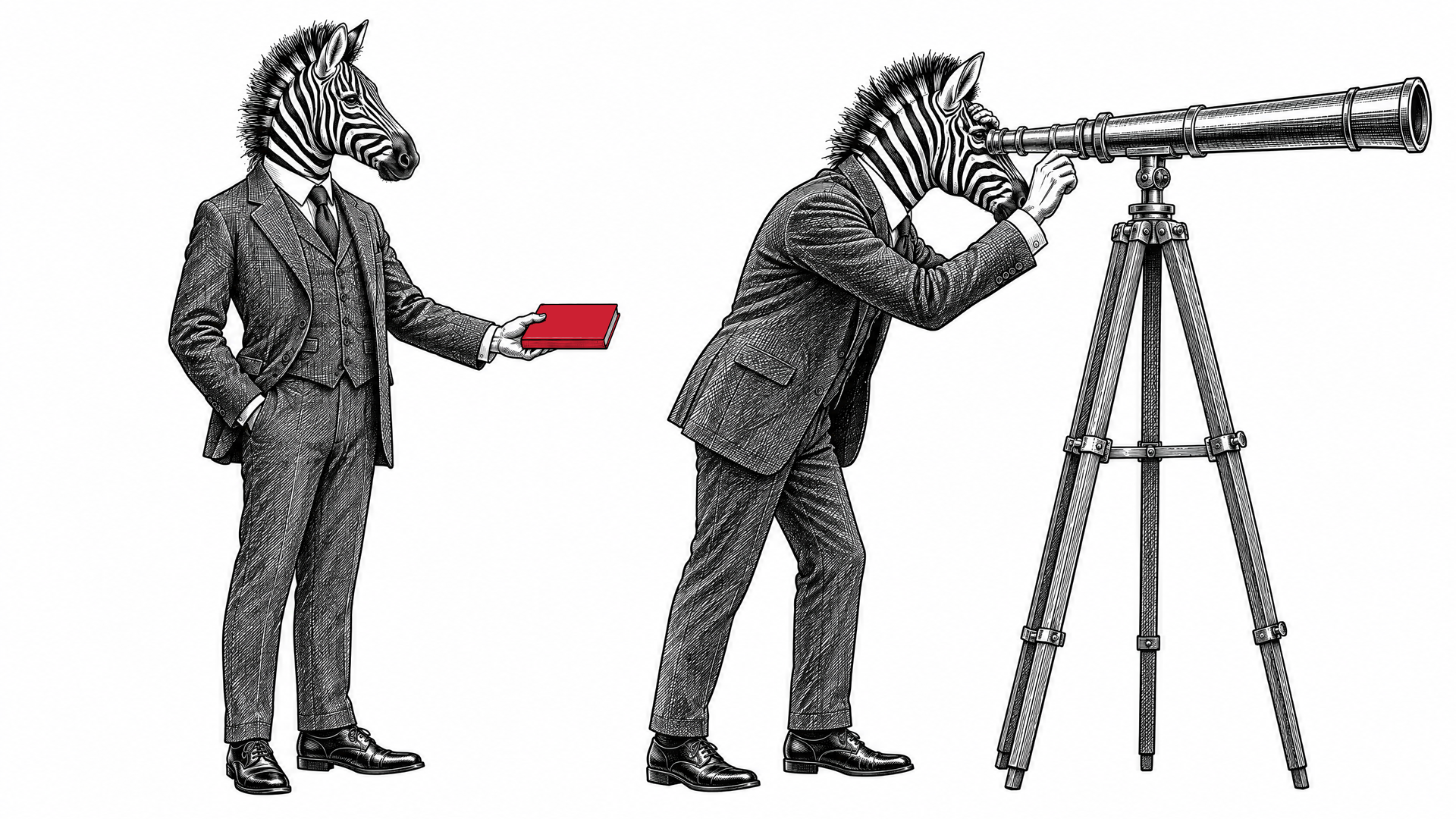 Engraved illustration of a zebra in a suit peering through a brass telescope while a second zebra behind him holds out a red ledger book
