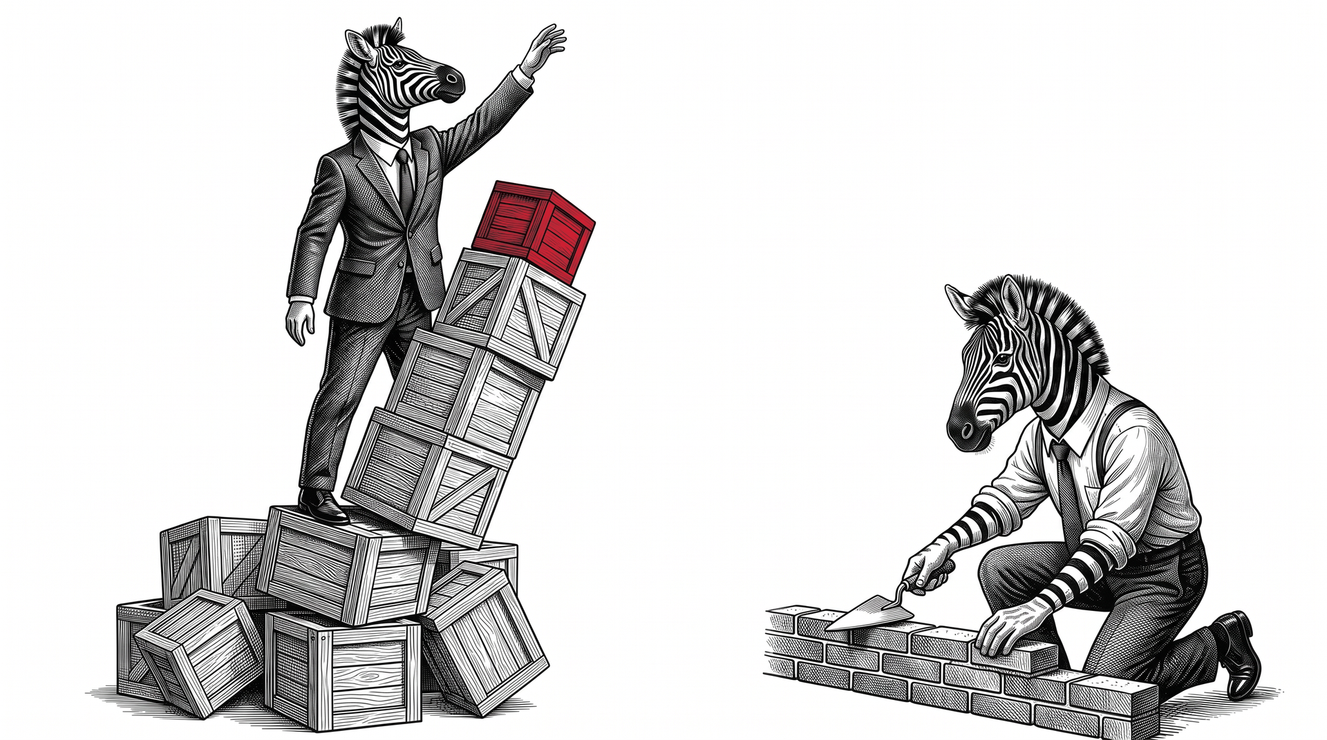Engraved illustration of a zebra in a suit reaching up from a leaning tower of crates topped by a red crate, while a second zebra kneels laying bricks