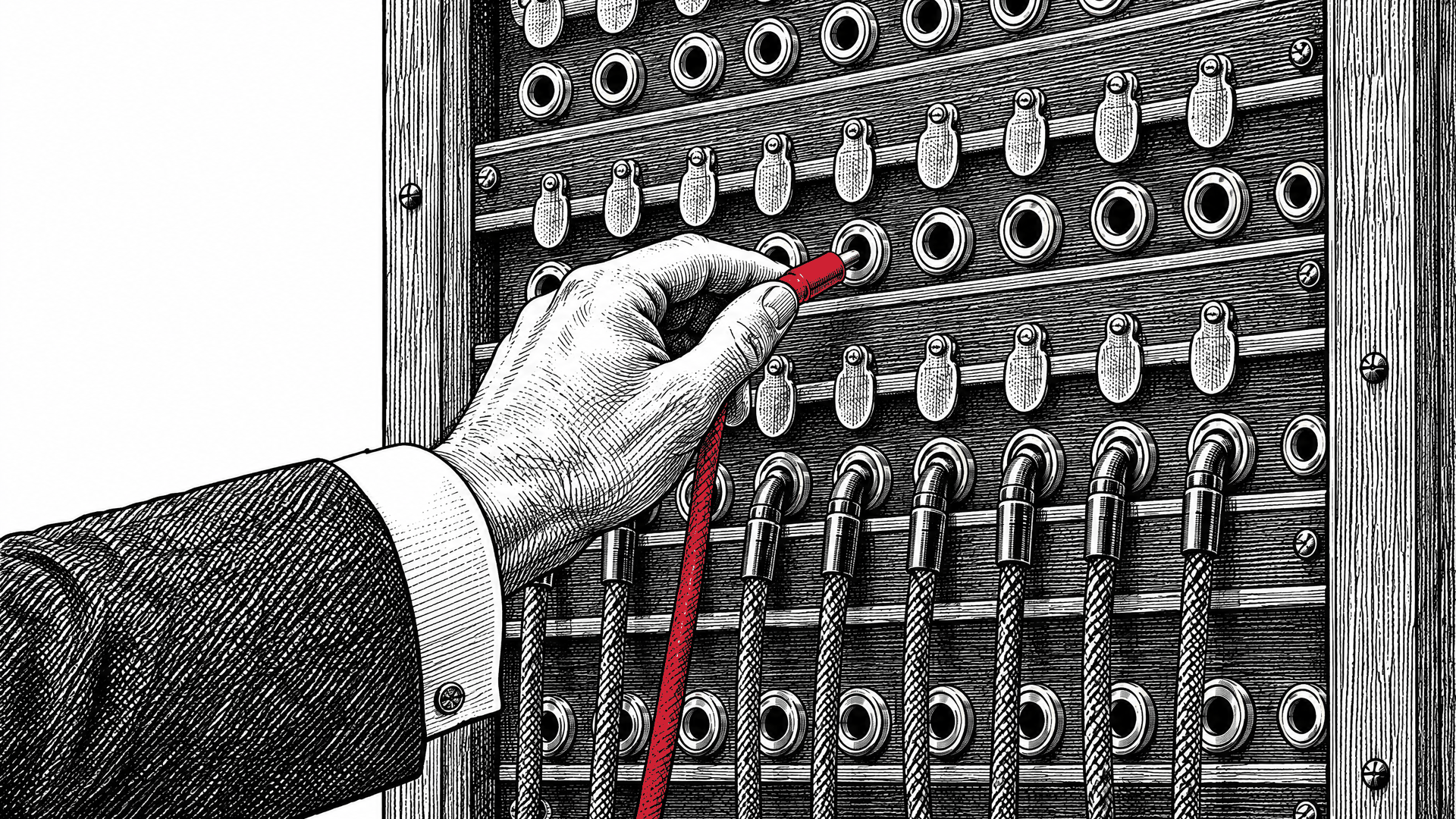 Engraved illustration of a suited hand plugging a red cable into a telephone switchboard