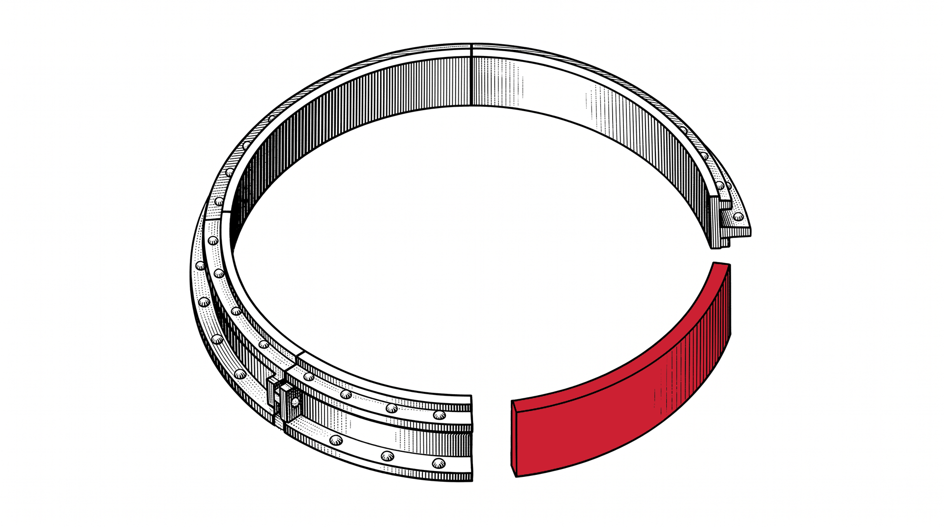 Engraved exploded view of a riveted ring, its final arc segment in red
