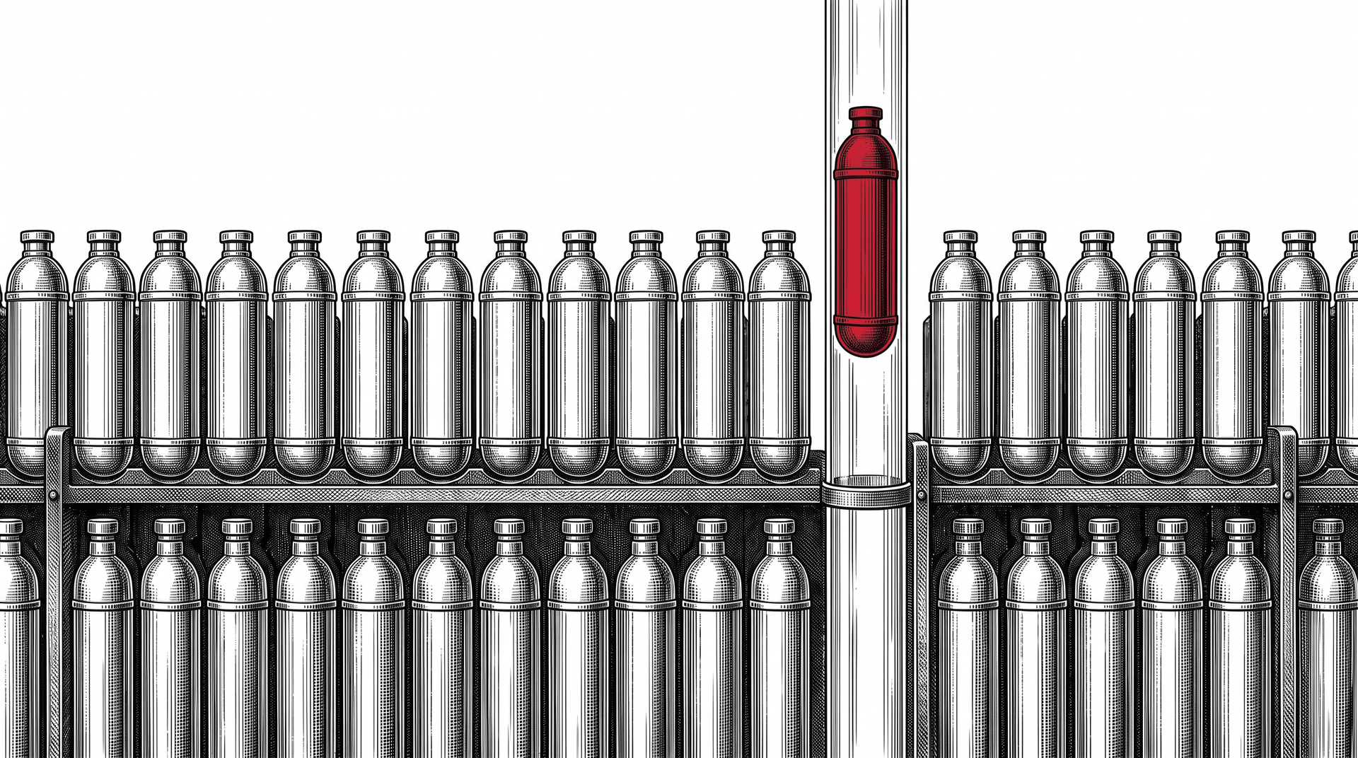 Engraved illustration of racks of identical brass message canisters, one red canister travelling up a glass tube