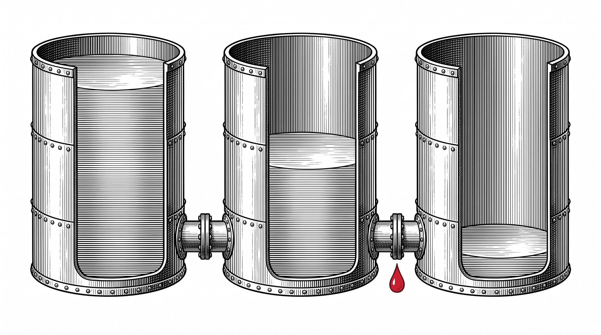 Engraved cutaway of three riveted tanks joined by pipes, each holding less liquid than the last, a single red drop falling from a joint